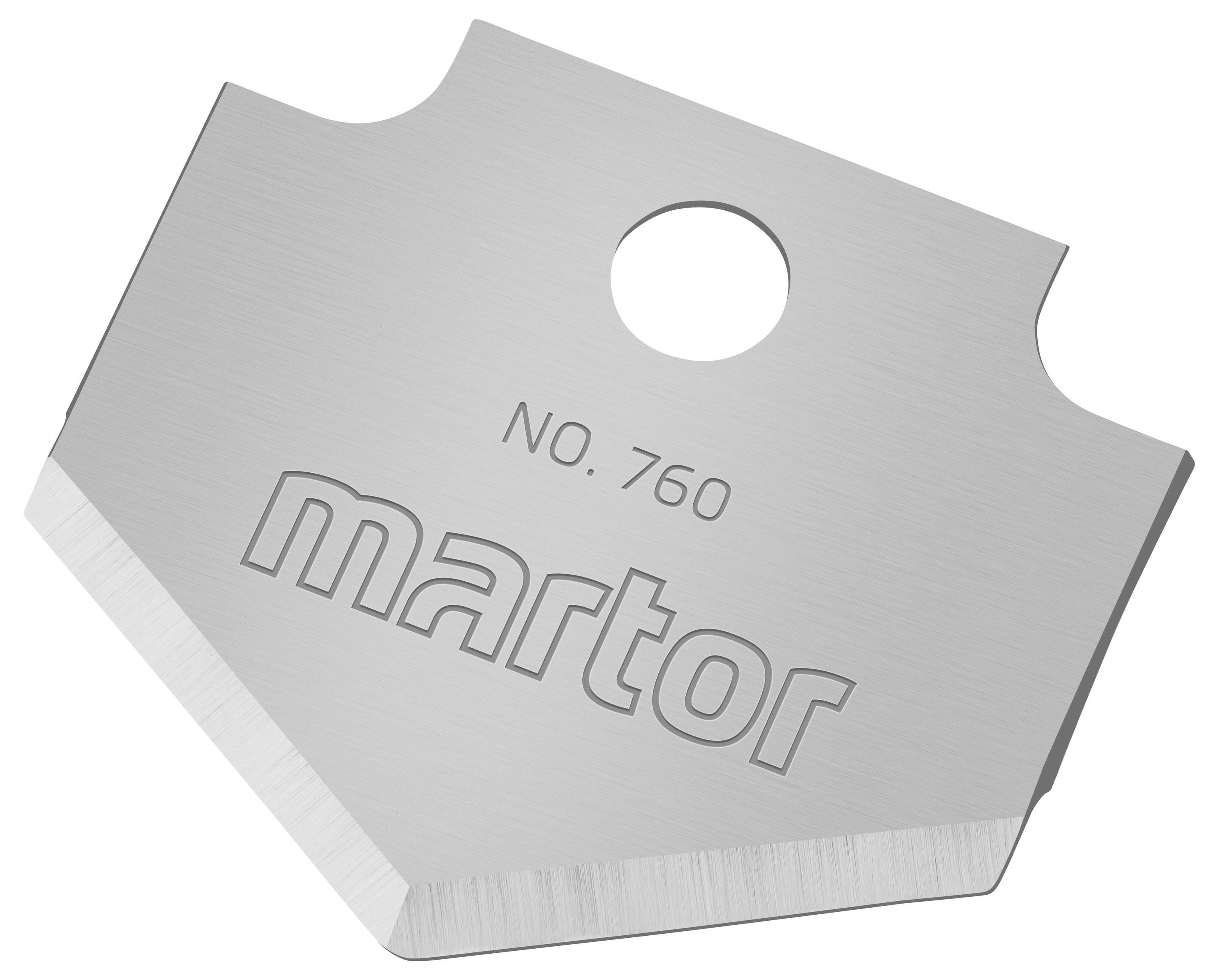 Lame de coupe portant l'inscription 'martor NO. 760', de forme rectangulaire, en métal, avec un trou au centre.