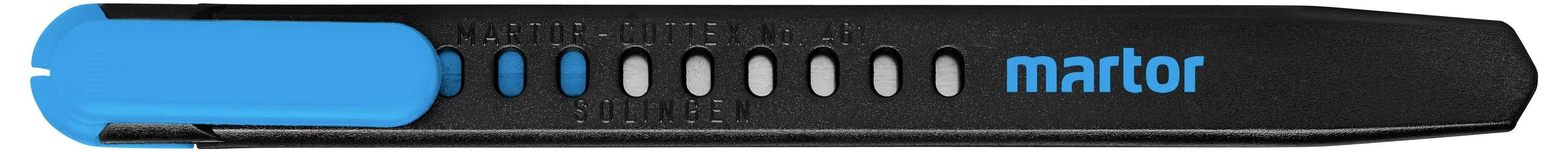 Couteau de sécurité noir avec lame bleue, marqué 'martor', adapté pour couper des matériaux d'emballage sans risque de blessure.