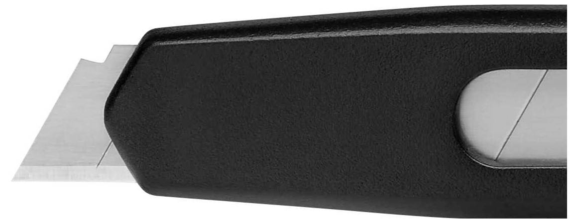 Un cutter noir avec une vue partielle de la lame et une poignée ergonomique noire.
