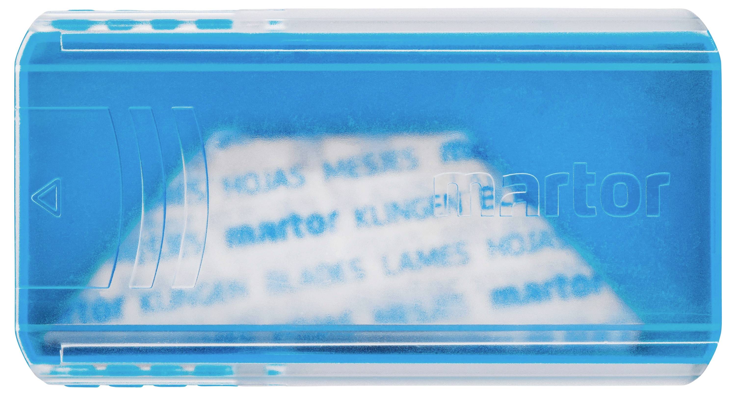 Une boîte en plastique transparent bleu contenant des lames, étiquetée avec 'Klingen', 'Blades' et d'autres traductions.