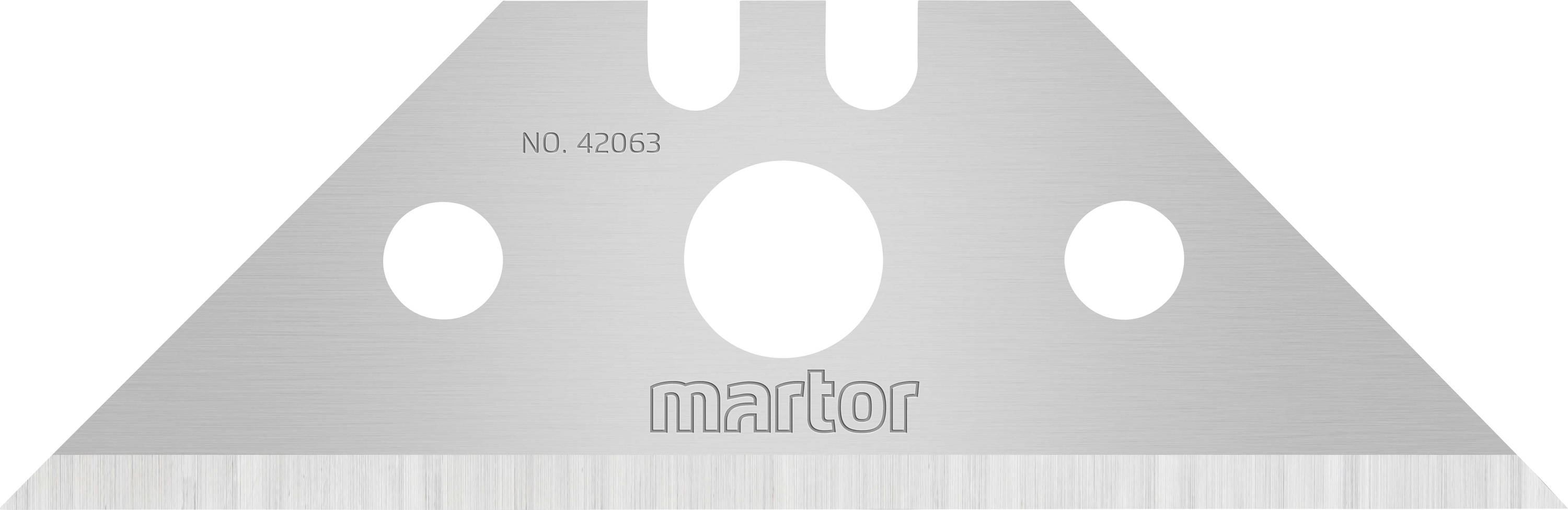 Lame de rechange triangulaire en métal portant l'inscription 'martor' et le numéro '42063', principalement utilisée pour les outils de sécurité.