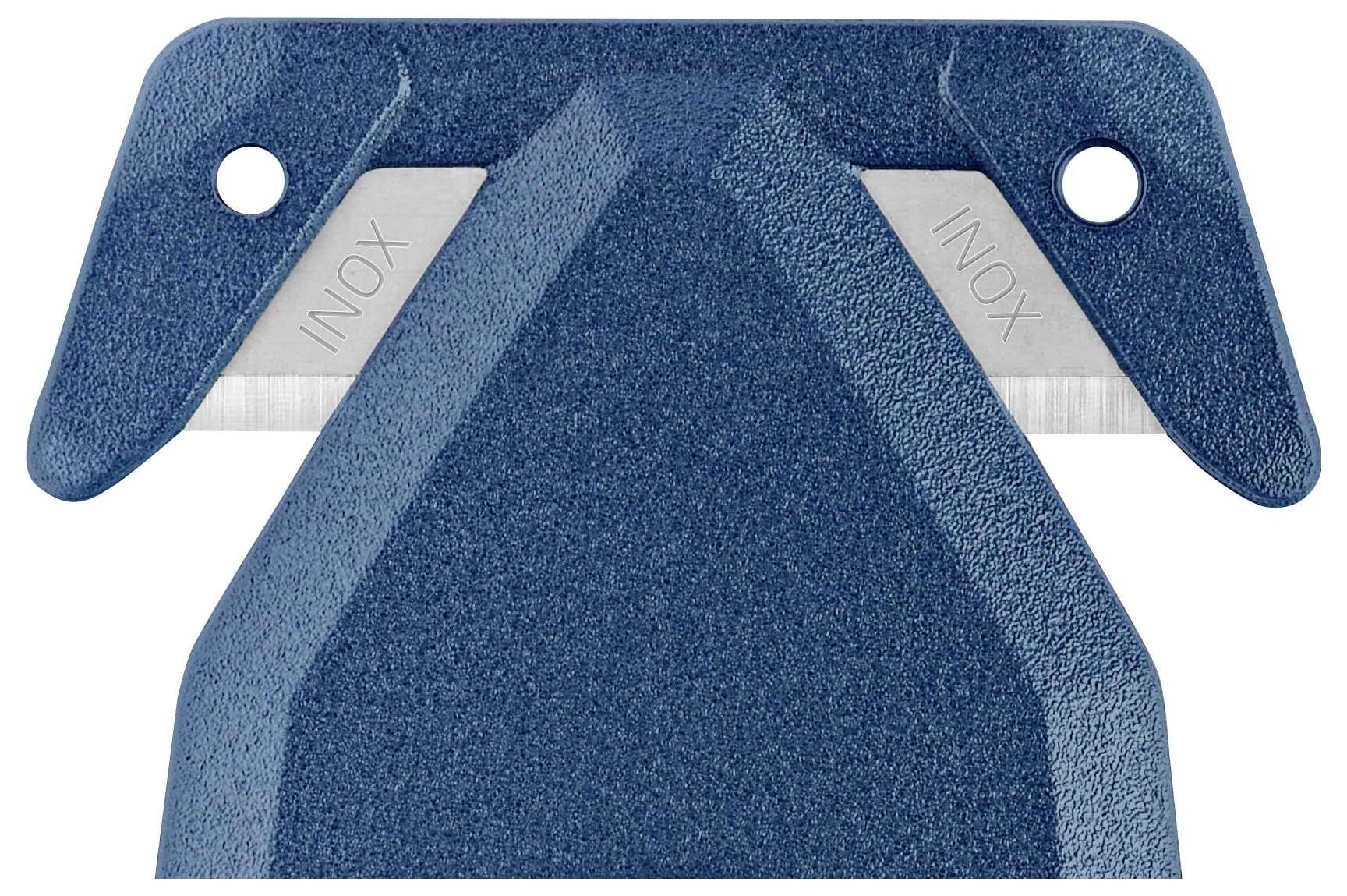 Une poignée en plastique bleu avec une lame en métal INOX à double tranchant; des trous aux deux extrémités pour la fixation.