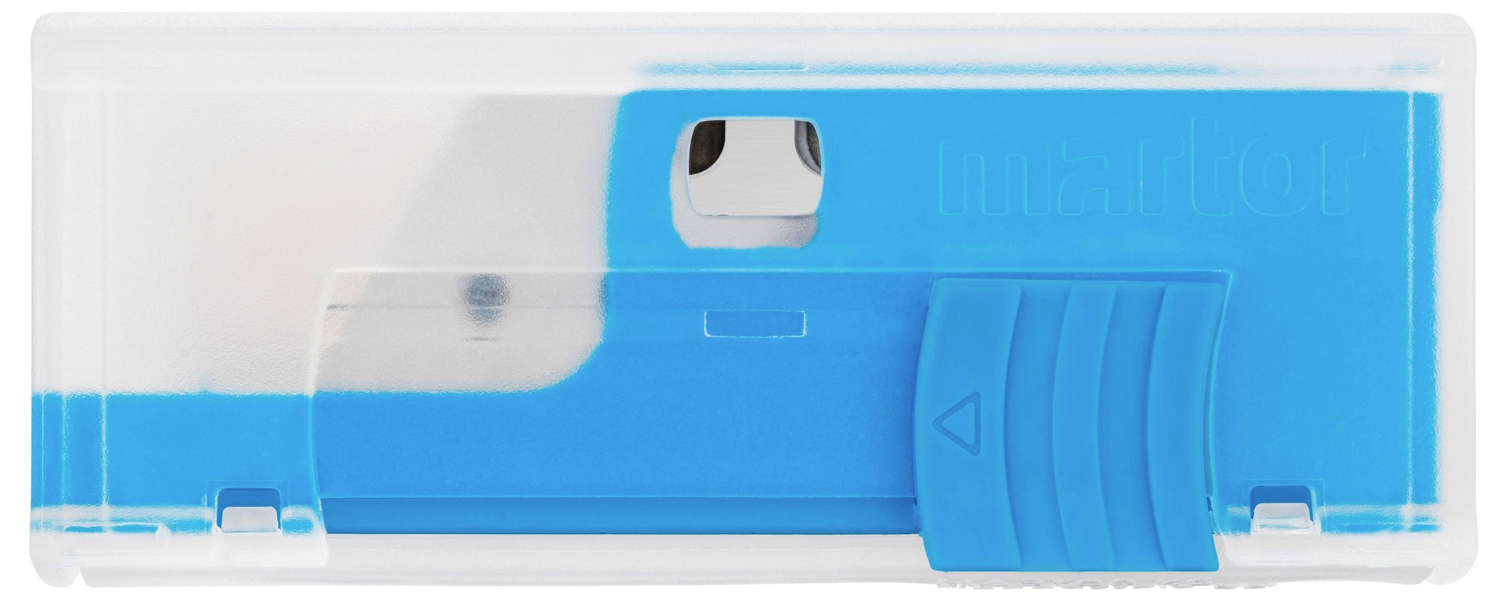 Taille-crayon bleu avec boîtier transparent, une lame et un mécanisme coulissant pour l'ouverture et la fermeture.