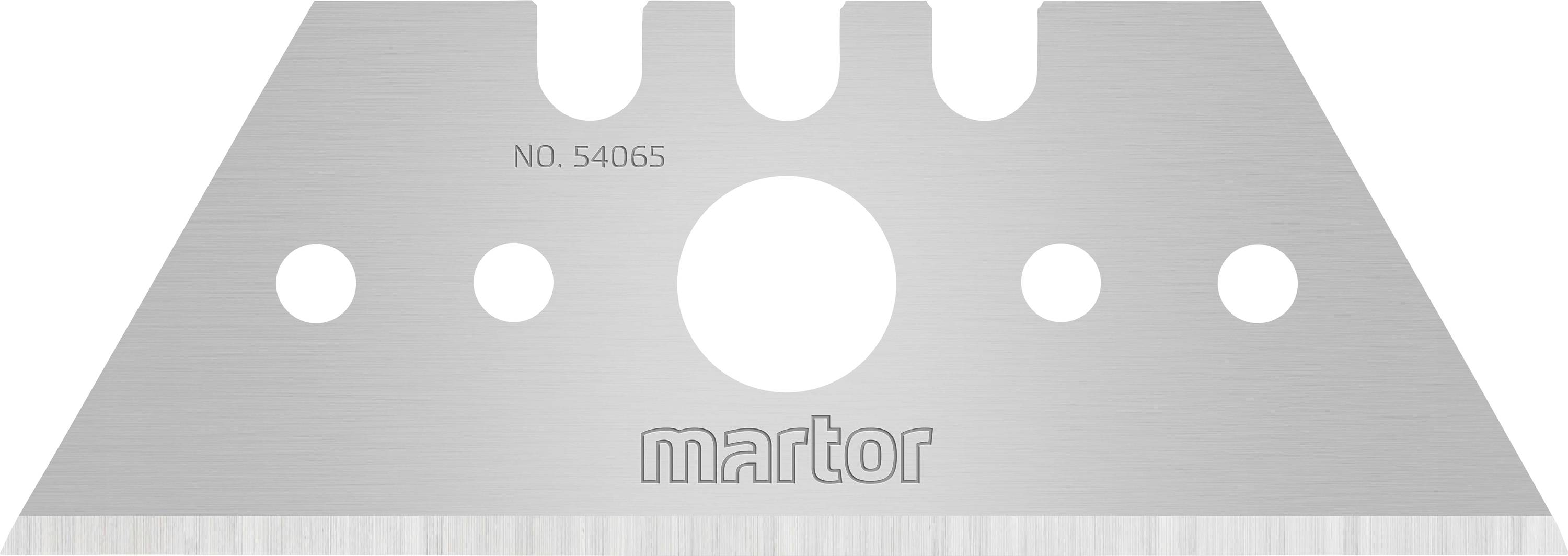 Lame de rasoir triangulaire en métal avec cinq trous ronds, portant l'inscription « No. 54065 » et « martor ».