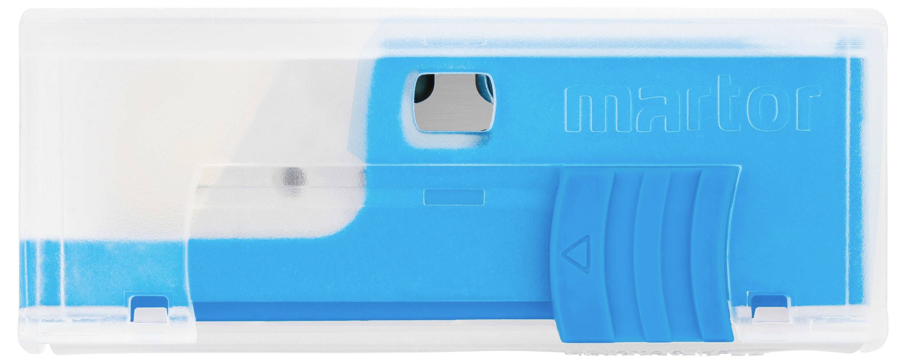 Étui en plastique transparent avec un cutter bleu, la marque 'martor' est visible, une fenêtre pour retirer la lame est apparente.