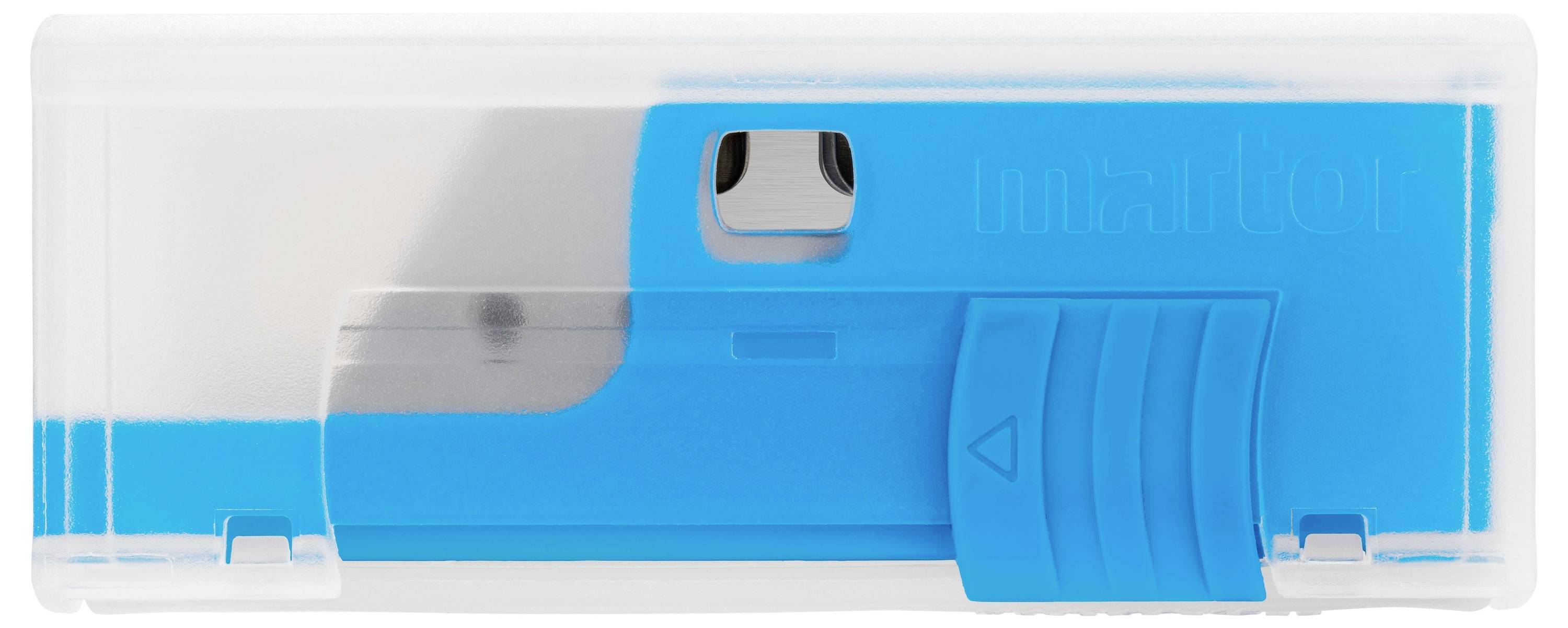 Un taille-crayon bleu avec un boîtier en plastique transparent, montrant son mécanisme d'affûtage.