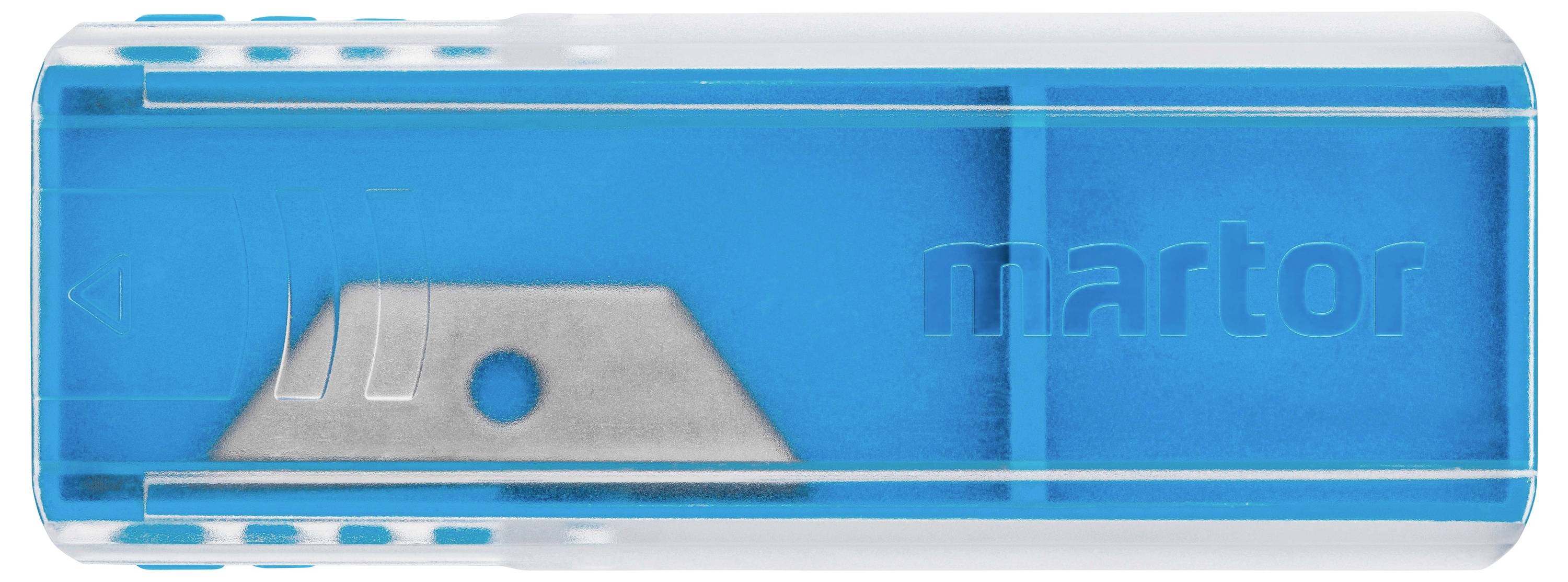 Un récipient rectangulaire transparent avec un intérieur bleu et un système de support de lame visible, probablement destiné au rangement ou à la protection de lames.