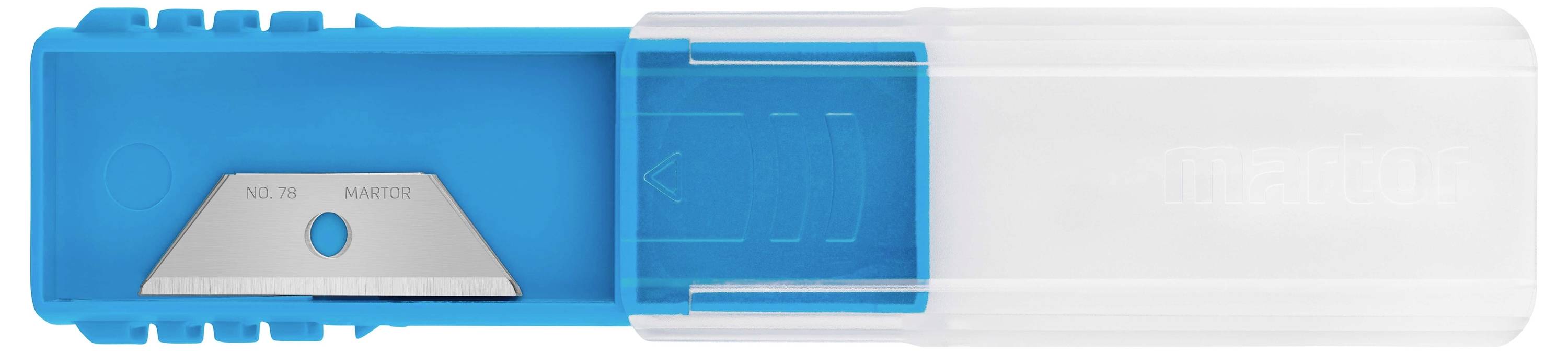 Support de lame bleu avec couvercle transparent, montrant une lame portant l'inscription 'No. 10' et 'MARTOR'.