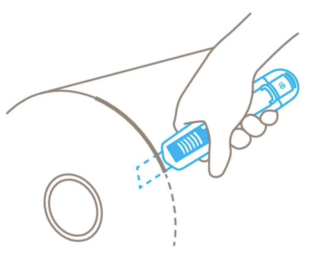 Illustration d'une main utilisant un appareil pour couper ou ouvrir le long de la ligne pointillée d'un récipient.
