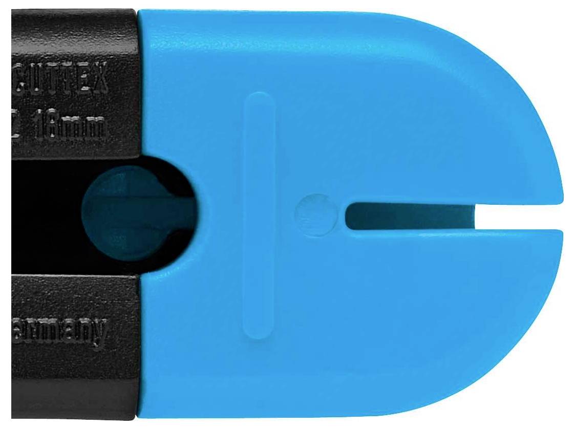 Gros plan sur une tête de coupe-câbles bleue, adaptée pour couper précisément des câbles jusqu'à 10 mm de diamètre.