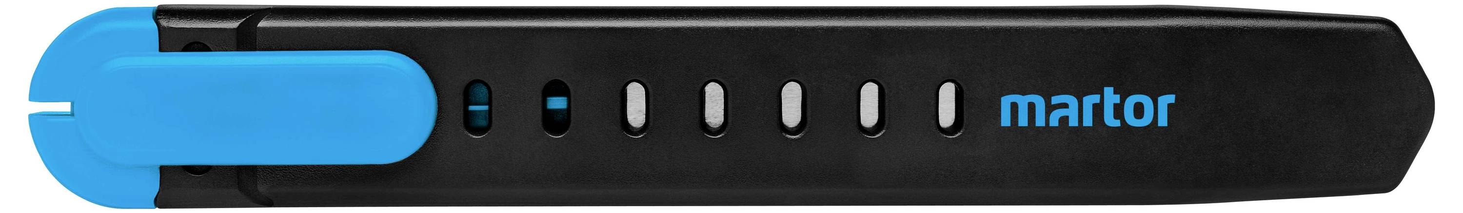 Un couteau de sécurité noir avec curseur bleu, de la marque Martor, conçu pour couper avec précision et travailler en toute sécurité.