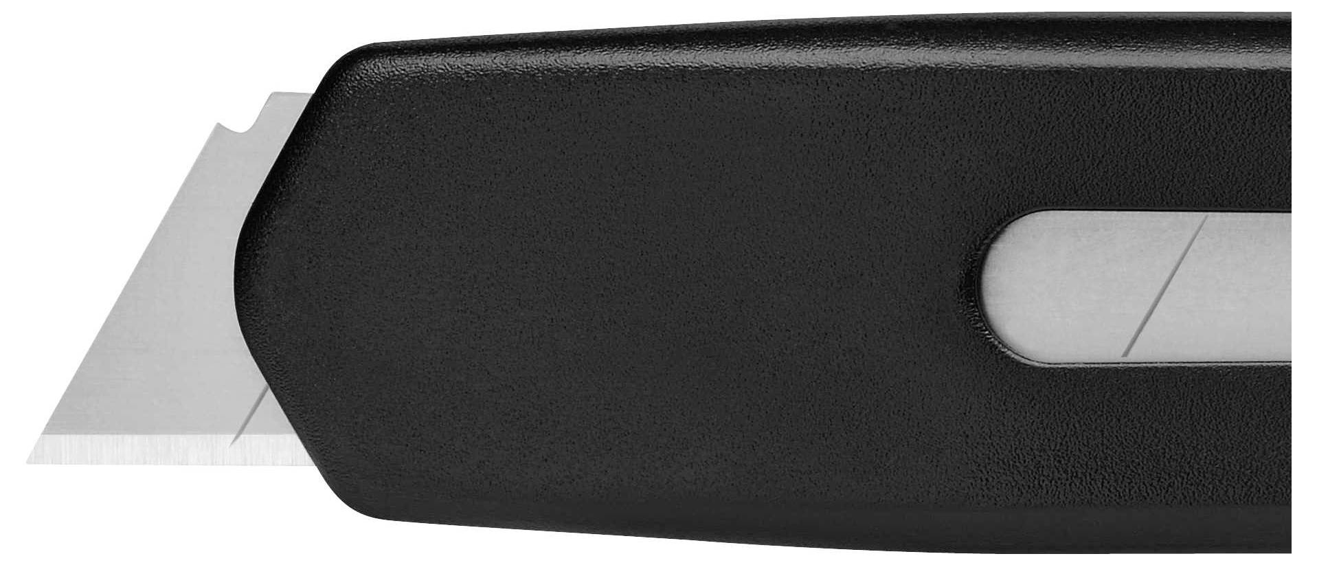 Un couteau à tapis noir avec une lame partiellement rétractée, prêt à couper.