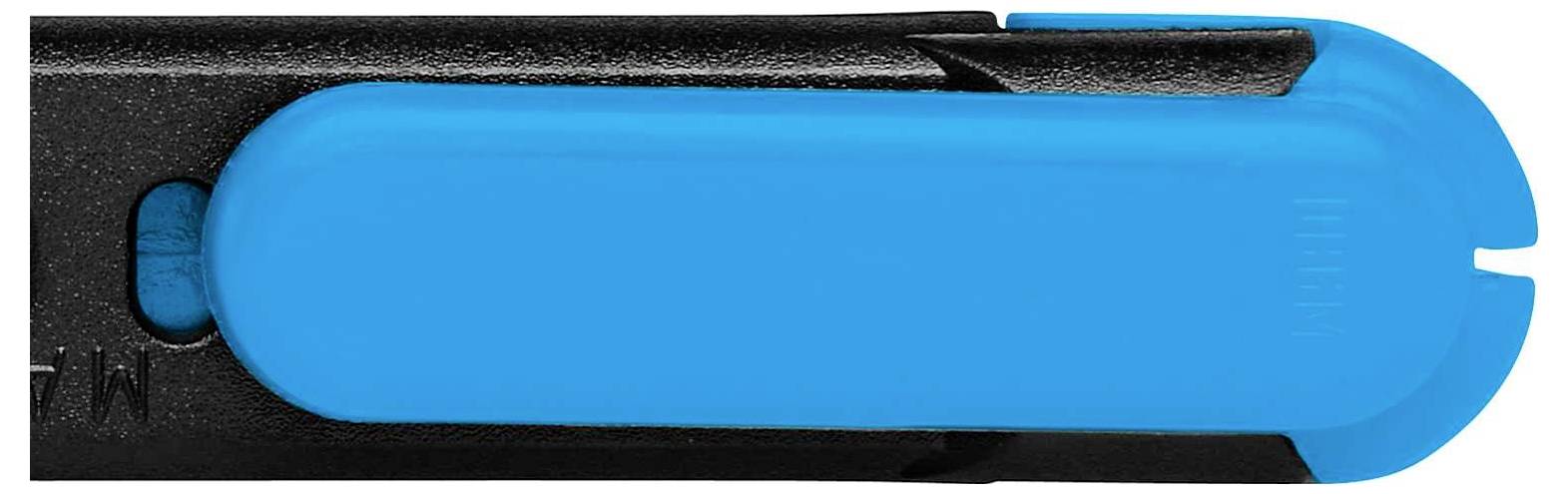 Stylo à bille avec boîtier noir et clip bleu, disposé horizontalement.