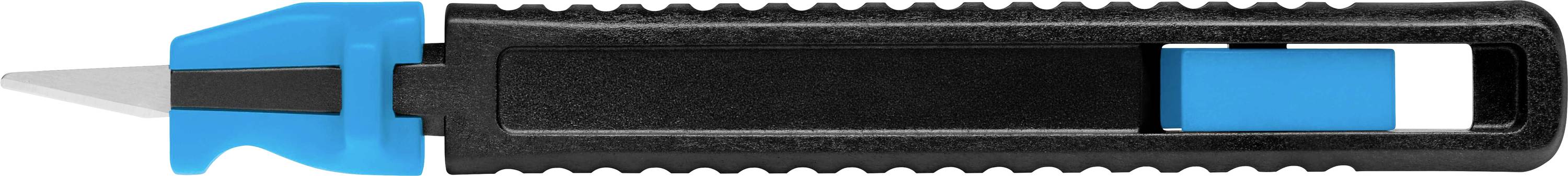 Un cutter bleu et noir avec une lame rétractable.