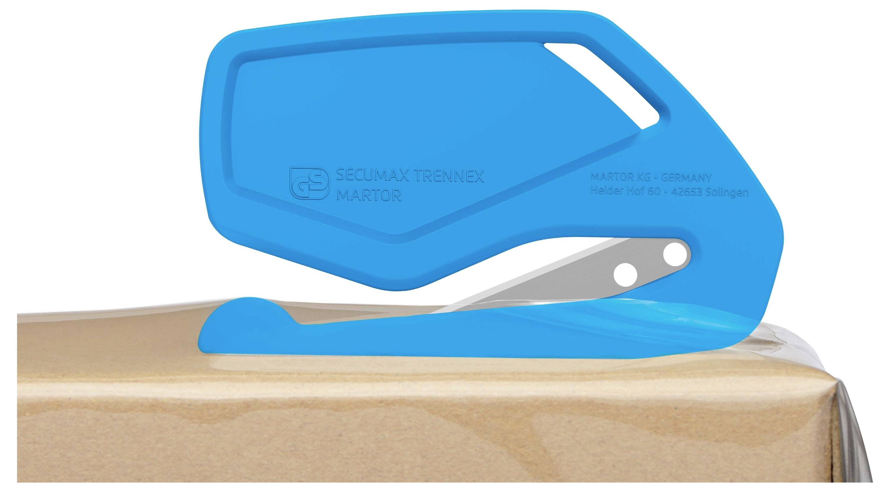 'Couteau de sécurité bleu coupe à travers le carton. Design ergonomique avec lame de sécurité escamotable pour l'ouverture des colis.'