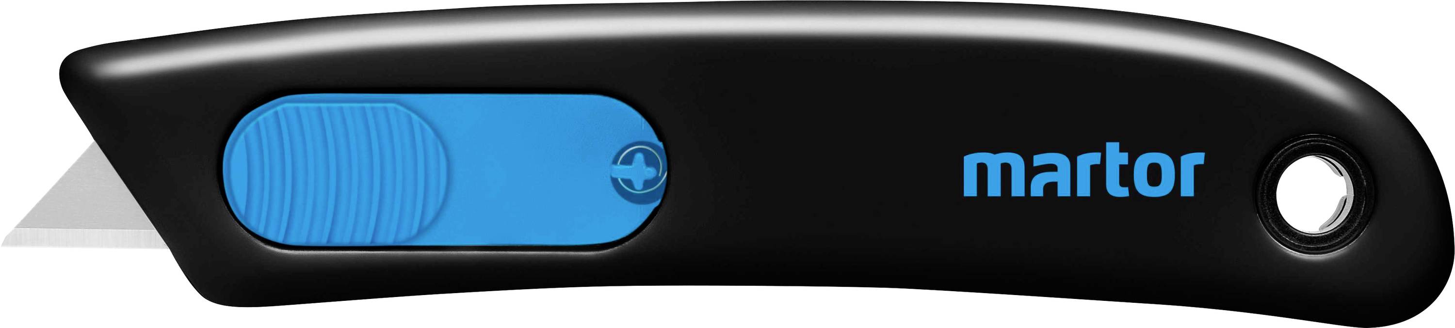 Un couteau de sécurité noir avec un mécanisme coulissant bleu et une lame, portant le nom de marque 'martor' sur le côté.