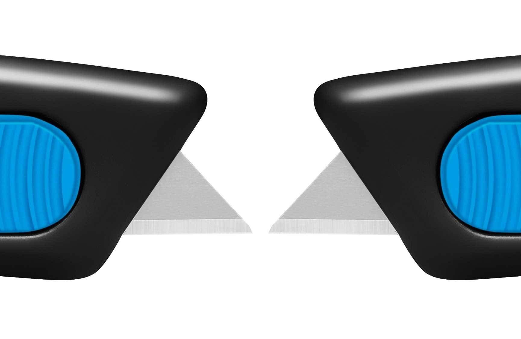 Deux cutters noirs et bleus avec leur lame sortie, positionnés face à face.