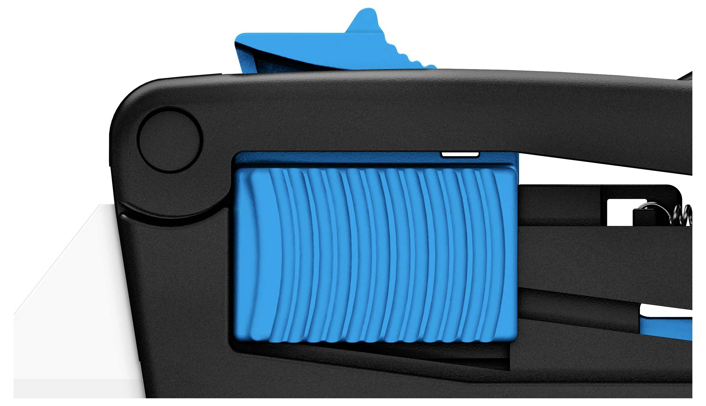 Un classeur noir avec une surface de préhension bleue, représenté de côté, montre le mécanisme de reliure des documents.