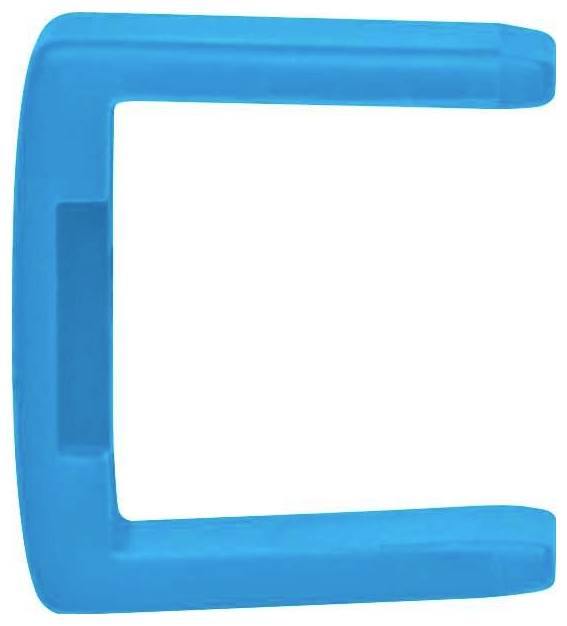 Un objet bleu en forme de C sur un fond blanc.