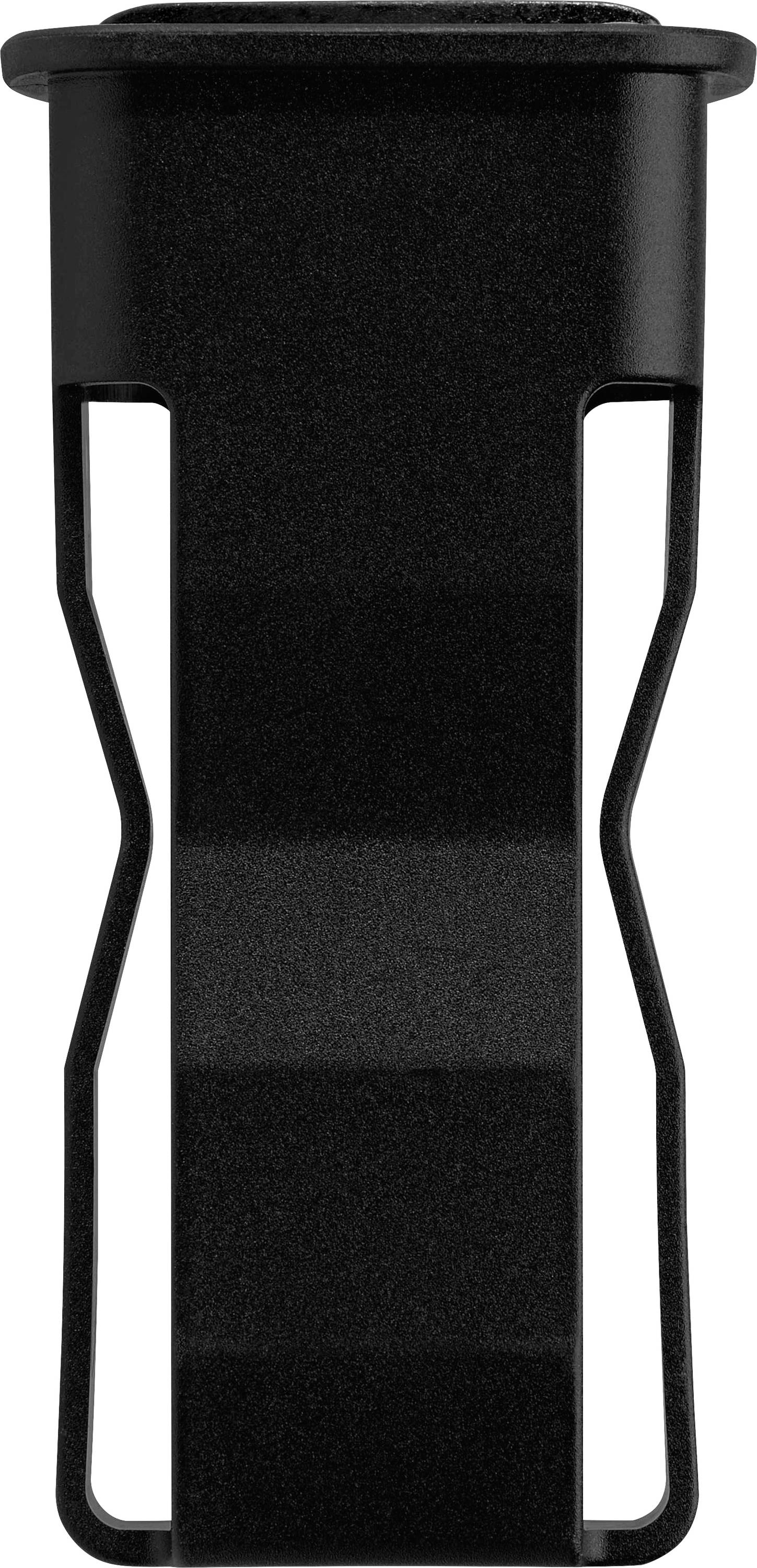 Clip de ceinture noir, métallique, orienté verticalement. Surface lisse avec une fente de fixation à l'arrière.