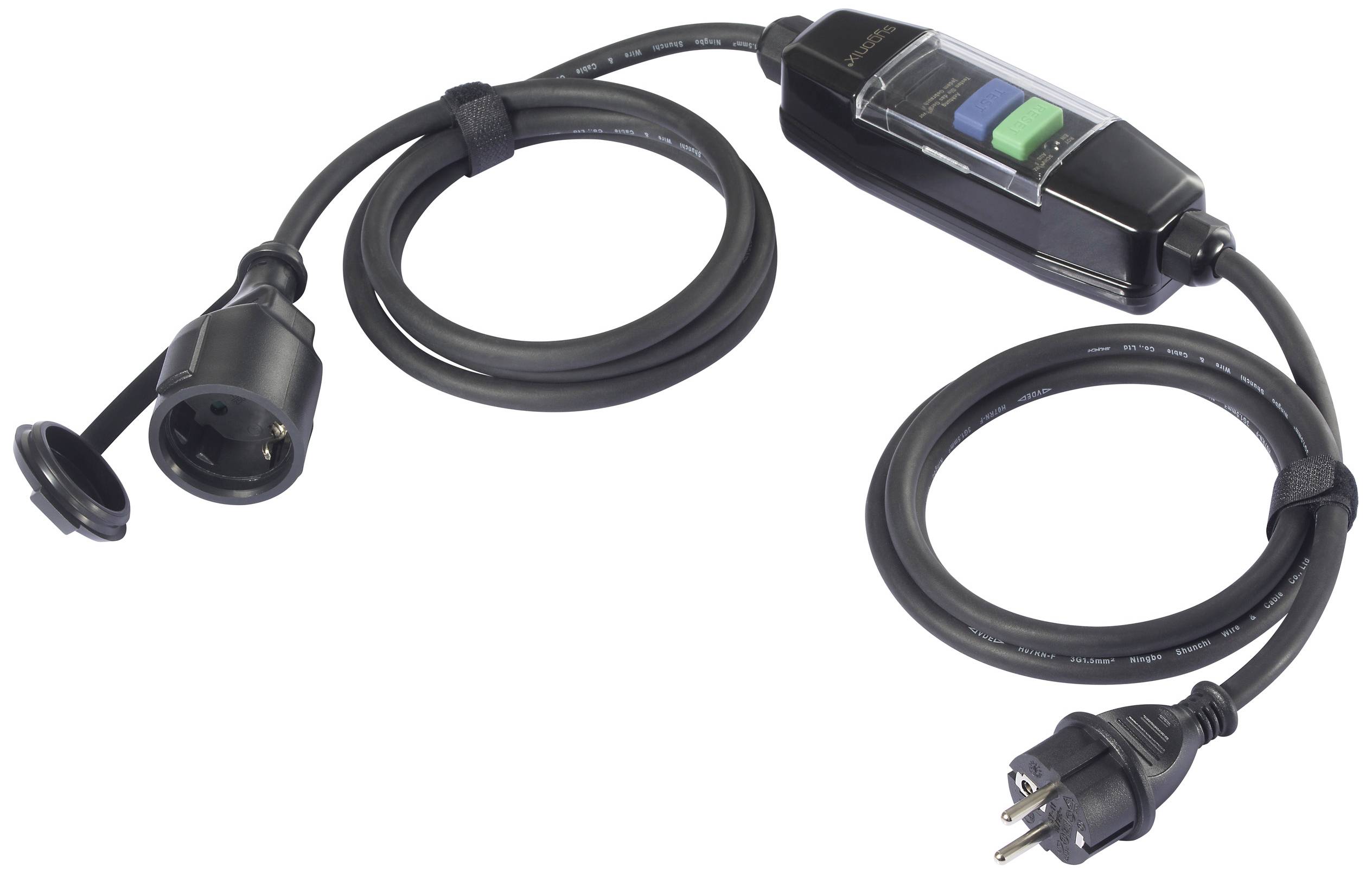 Adaptateur de rallonge électrique avec disjoncteur. À gauche une prise, à droite une fiche avec un interrupteur vert et bleu.