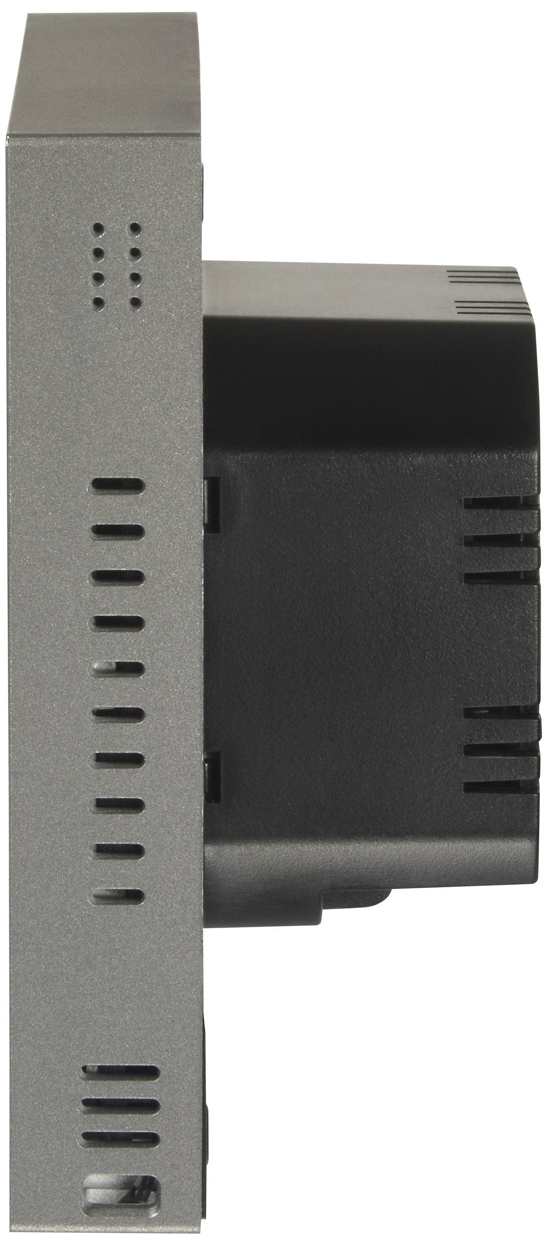 Vue latérale d'un appareil électronique noir rectangulaire avec plusieurs fentes de ventilation, illustrant une conception compacte.