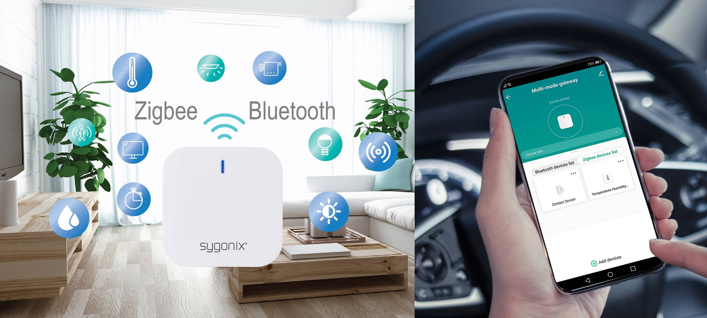 Un hub domotique posé sur une table affiche ses possibilités de connexion : Zigbee et Bluetooth. À droite, une application est utilisée sur un smartphone.