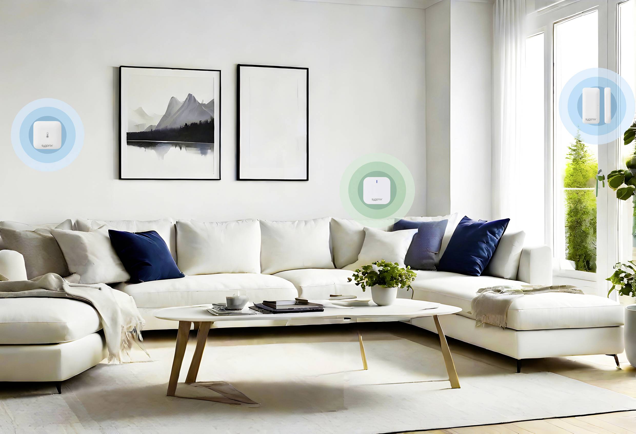 Un salon moderne avec un canapé blanc, des coussins bleus, des plantes sur une table et des technologies intelligentes sur les murs.