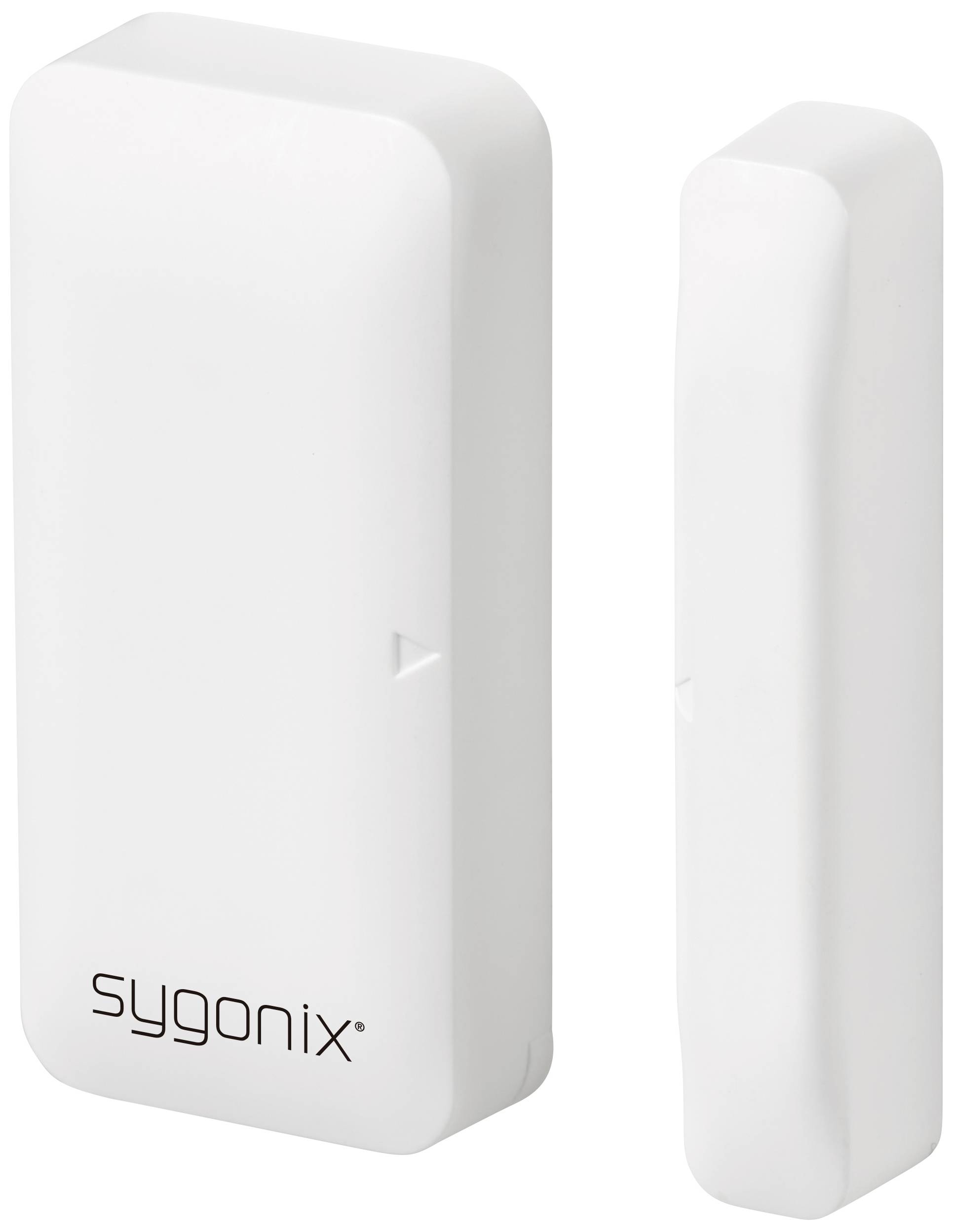 Un capteur de contact pour porte/fenêtre blanc et rectangulaire de la marque Sygonix, composé de deux parties permettant de détecter une position ouverte ou fermée.