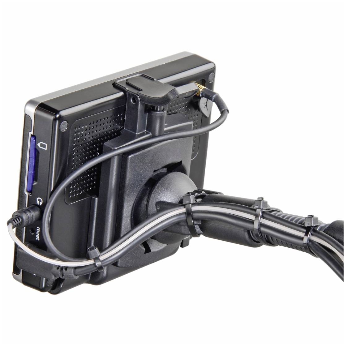 Un dispositif de navigation avec support, vu de dos. Les câbles sont fixés au support et partent du côté gauche.