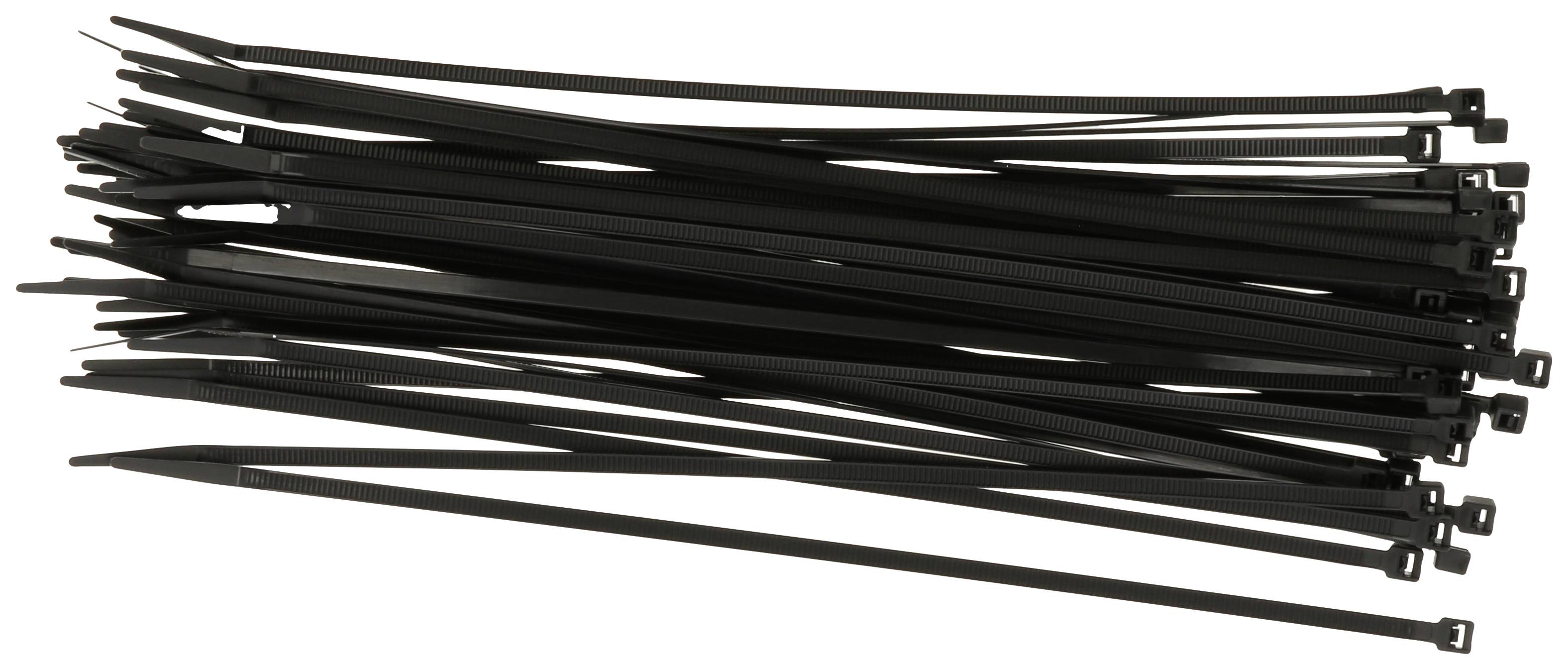 Un lot de serre-câbles noirs est posé sur un fond blanc. Les serre-câbles sont de différentes longueurs et largeurs.
