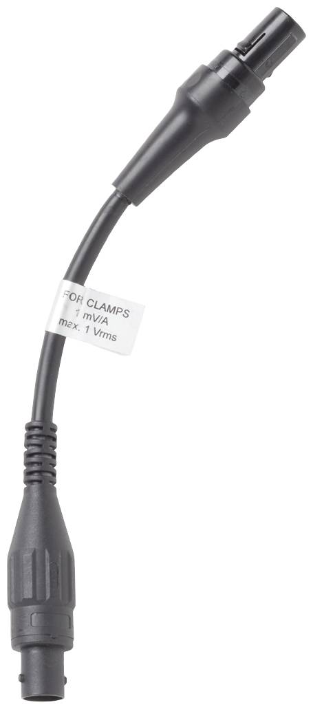 Un câble noir et flexible avec des connecteurs aux deux extrémités. Une étiquette indique : « FOR CLAMPS 1mV/A max. 1 Vrms ».