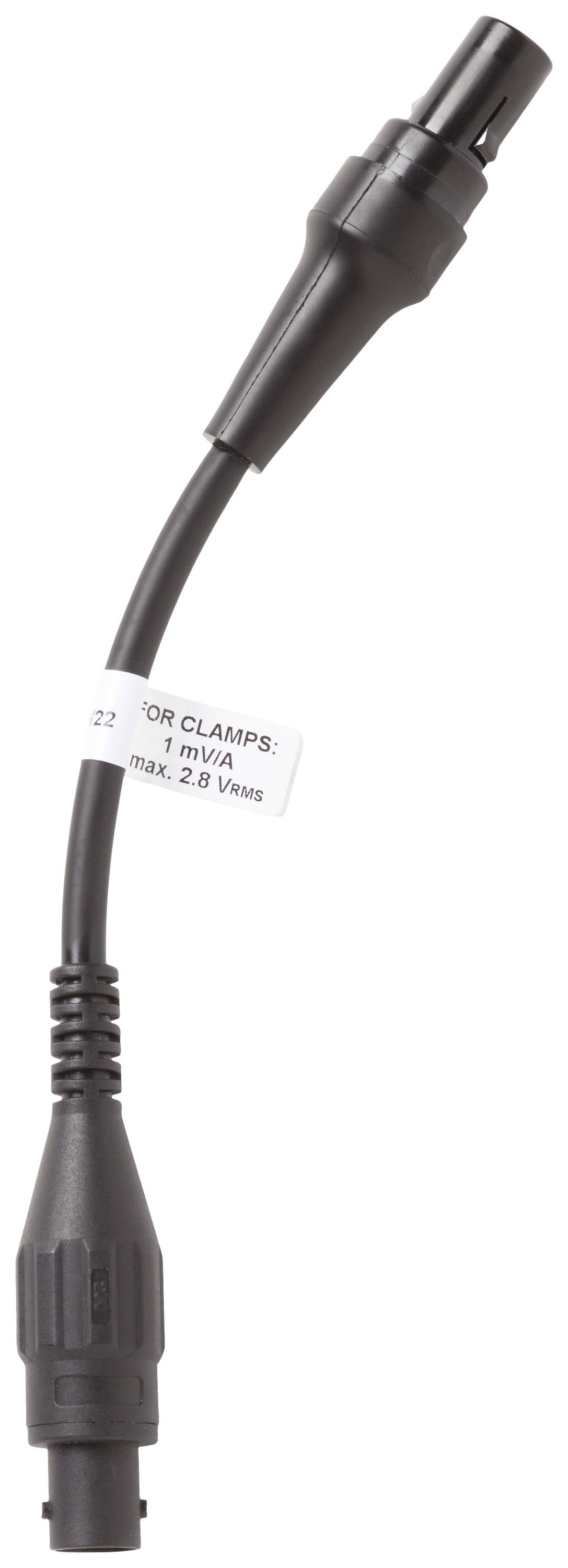 Un câble de connexion noir avec des connecteurs aux deux extrémités et une étiquette blanche avec des spécifications techniques au milieu.