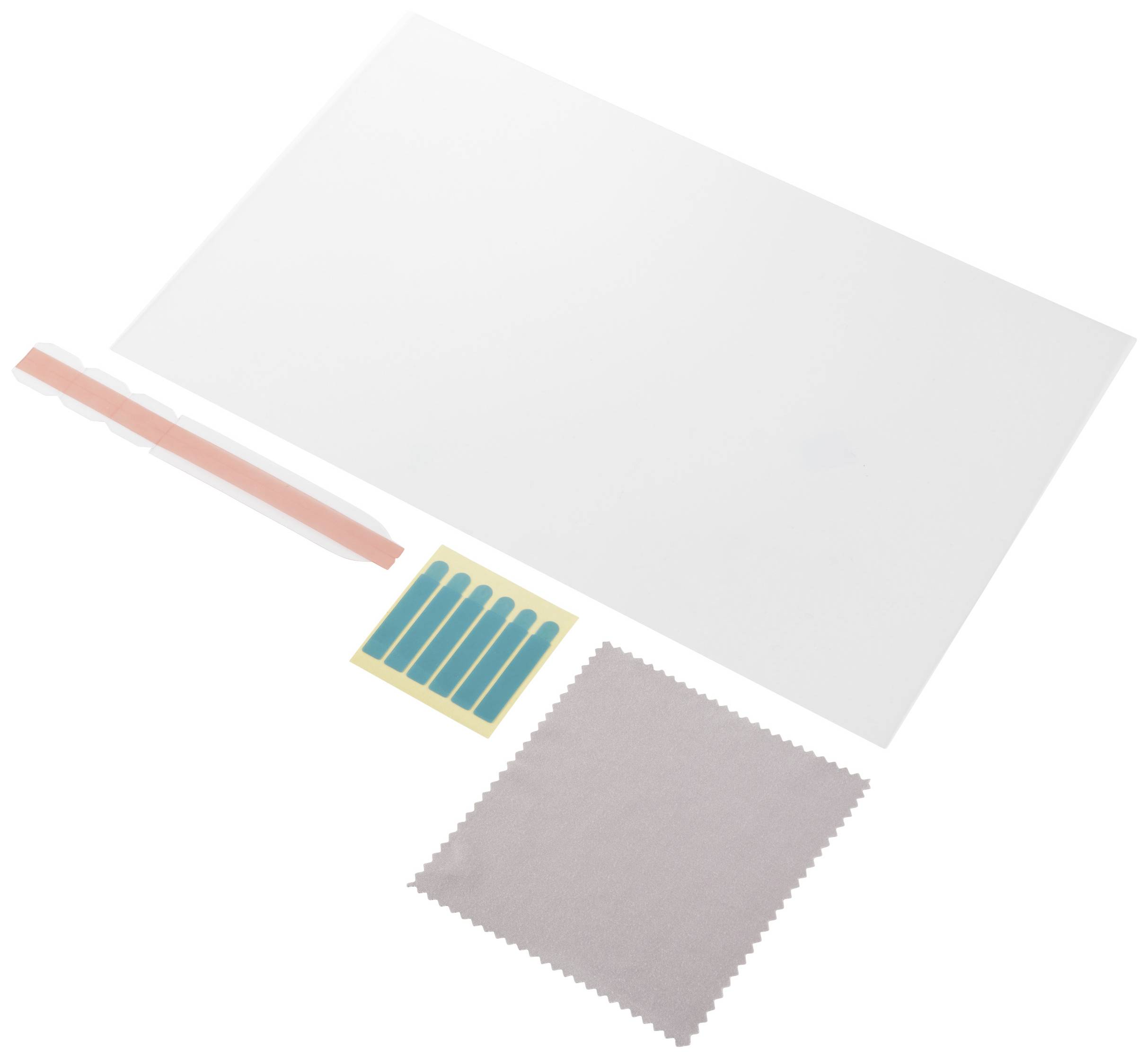Un chiffon de nettoyage, un film rectangulaire blanc et une bande adhésive sont disposés sur une surface blanche.