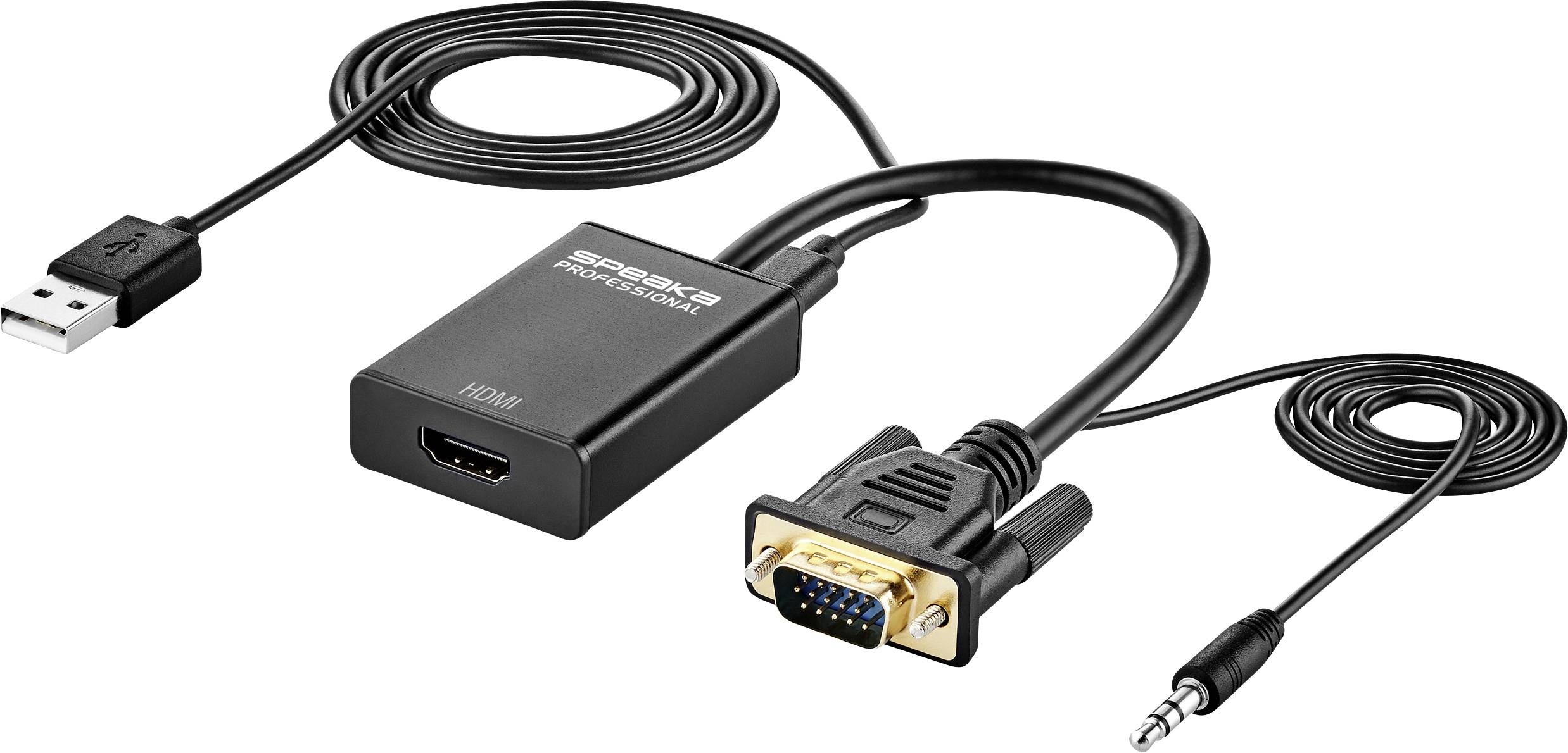 Adaptateur USB vers HDMI convertit le signal pour les écrans ; comprend un port VGA et un câble audio ; noir, deux extrémités de câble avec fiches.