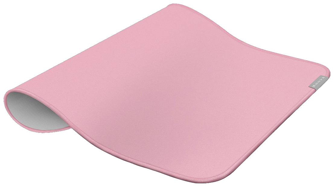 Tapis de souris en tissu rose, légèrement bombé, à surface lisse et bords arrondis. Idéal pour une utilisation avec une souris d'ordinateur.