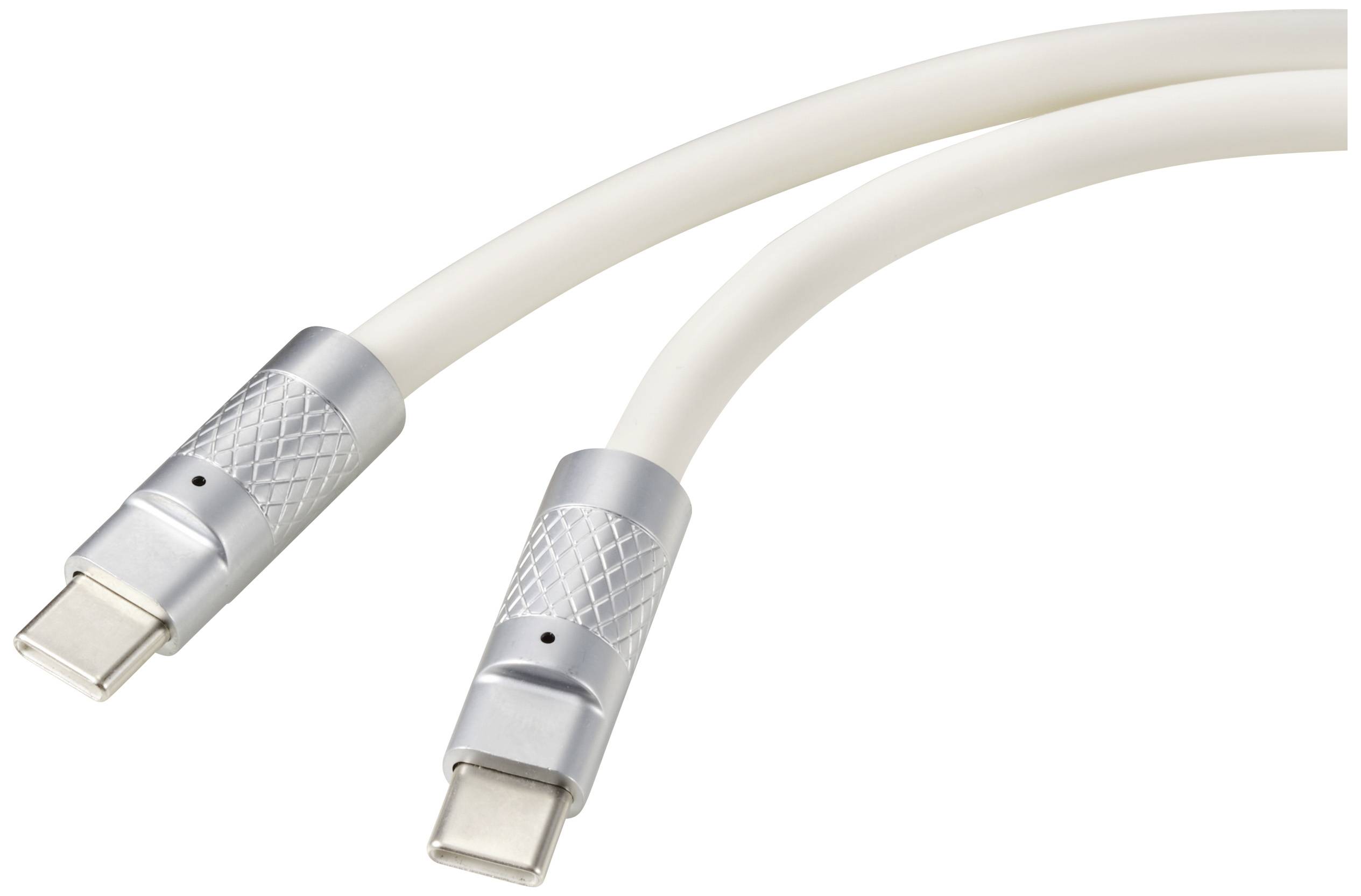 Deux câbles USB-C blancs avec des connecteurs argentés, placés côte à côte.