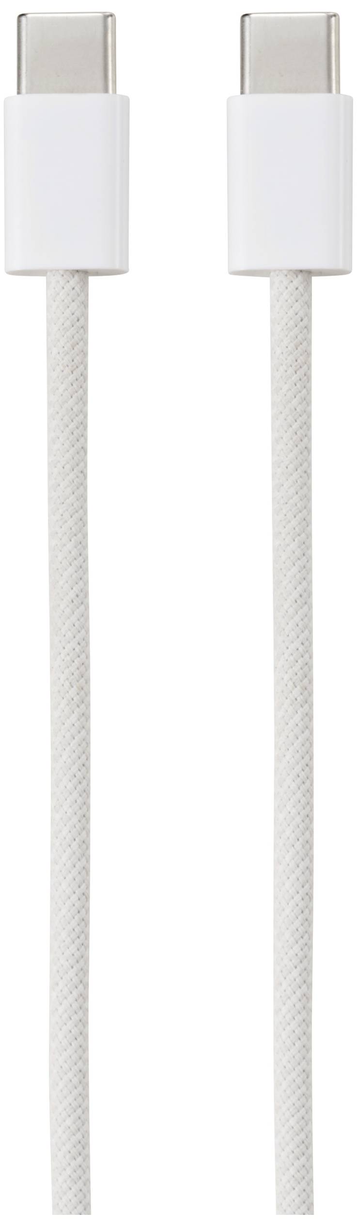 Un câble USB-C vers USB-C blanc avec un revêtement tressé est montré de haut en bas.