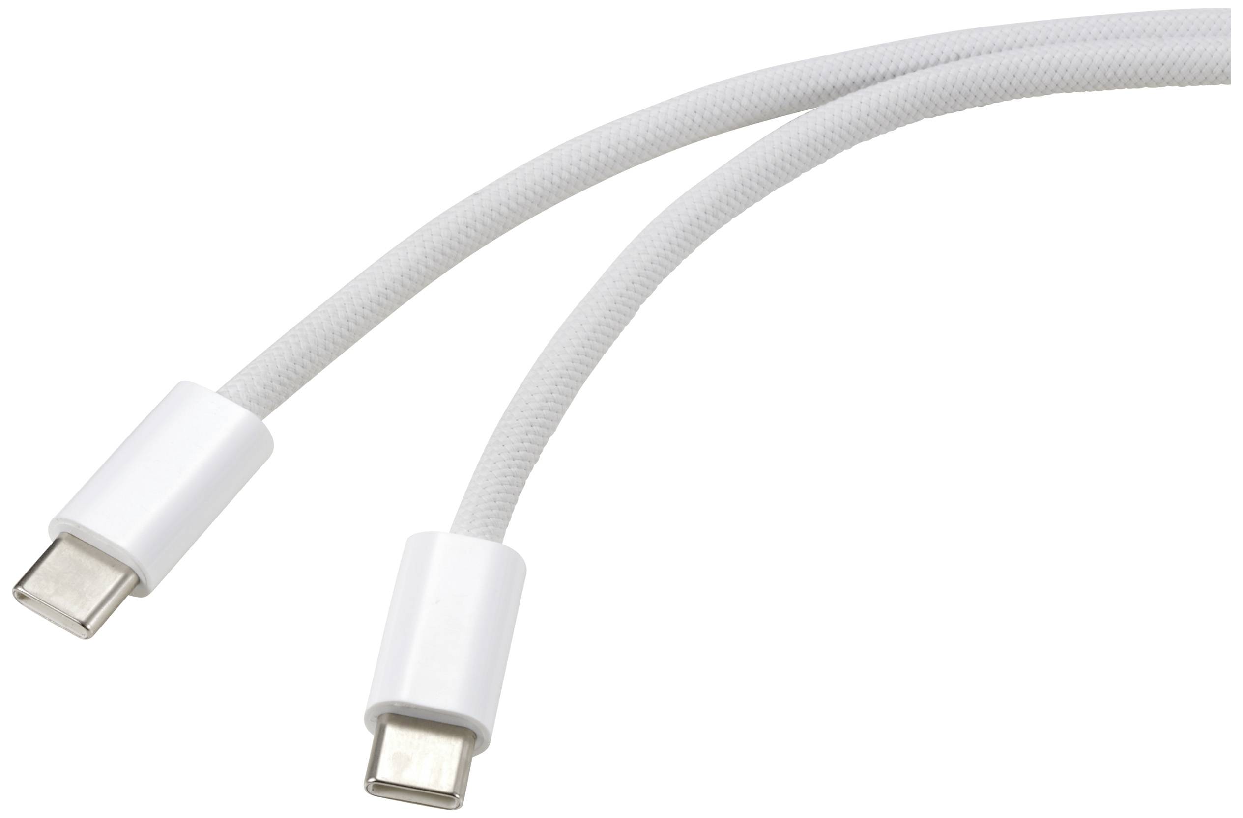 Un câble USB-C blanc tressé avec deux connecteurs, présenté devant un arrière-plan neutre.