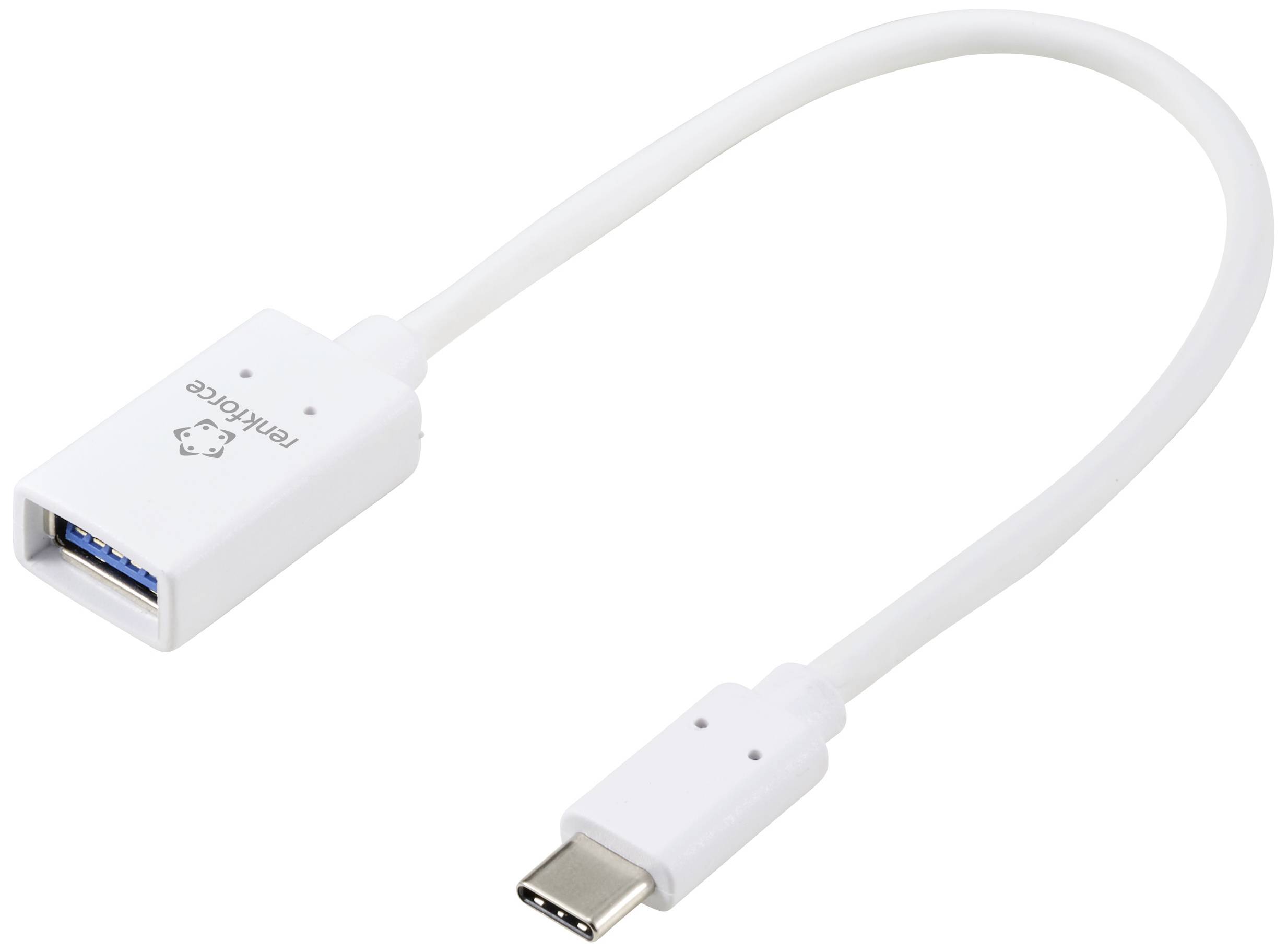 Câble blanc USB-C vers USB-A, adapté pour connecter des appareils avec différents ports USB.