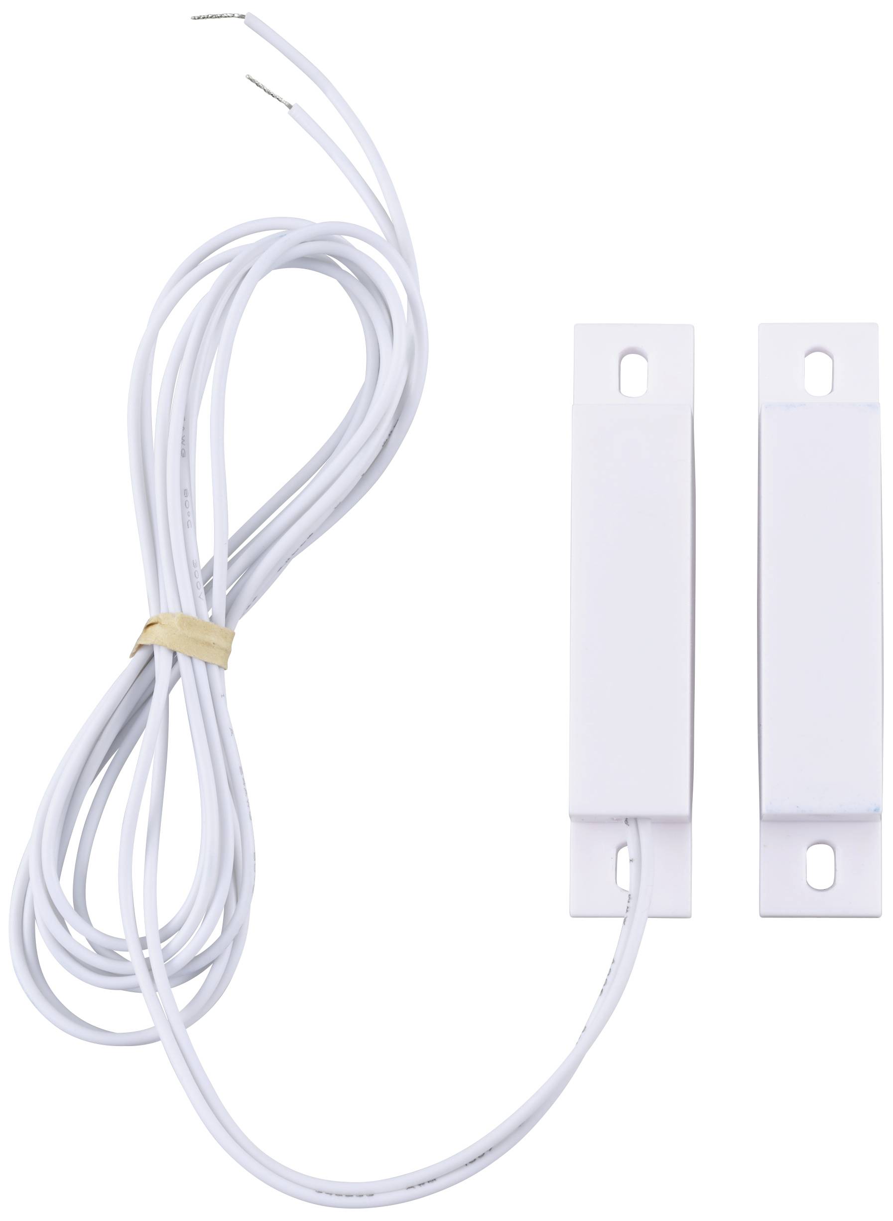 Un contact magnétique blanc à deux parties avec un câble de raccordement, destiné à l'installation et à la surveillance des ouvertures de portes.