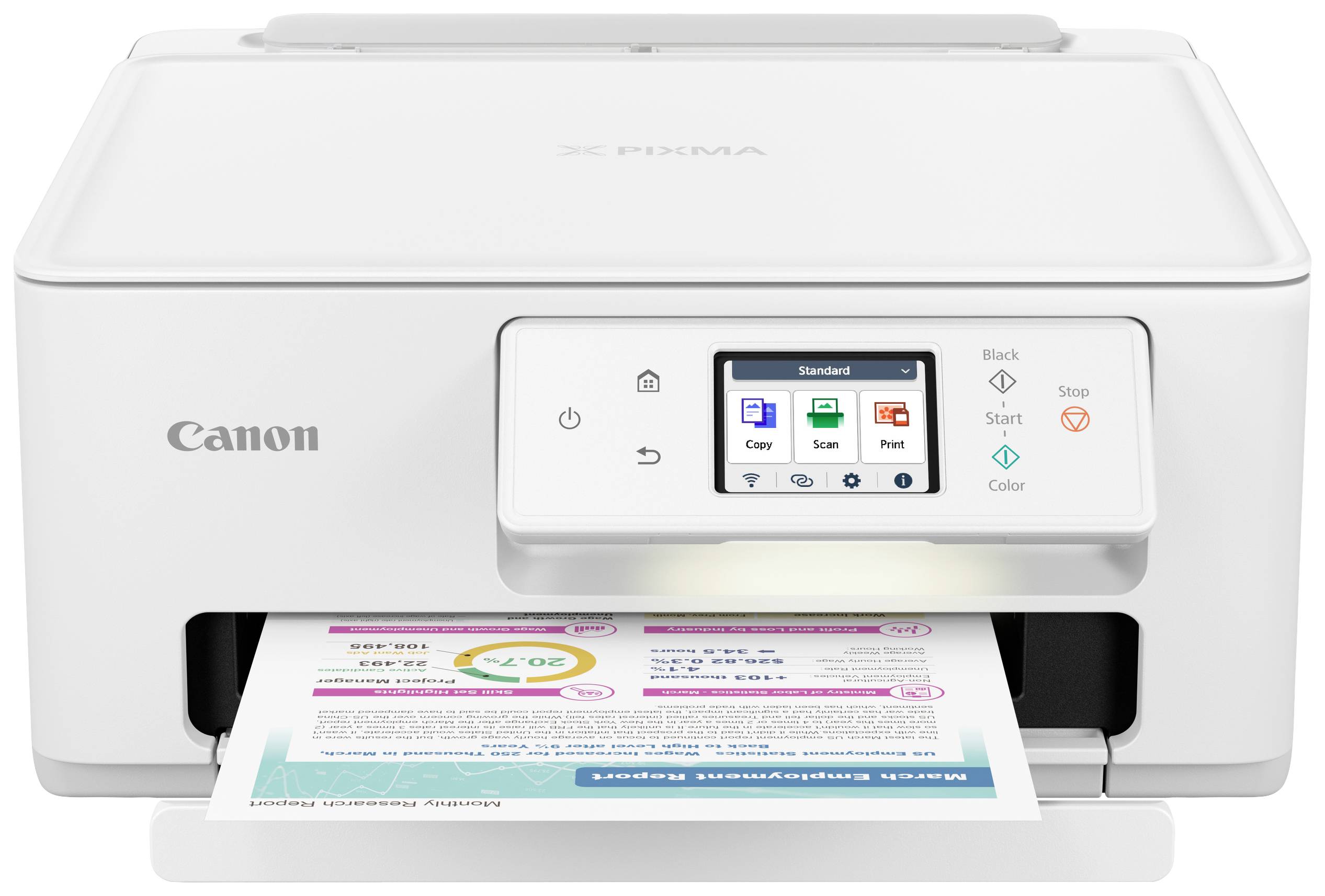 Une imprimante blanche imprime un document avec des diagrammes. Le panneau de commande affiche des paramètres et des touches pour copier et numériser.