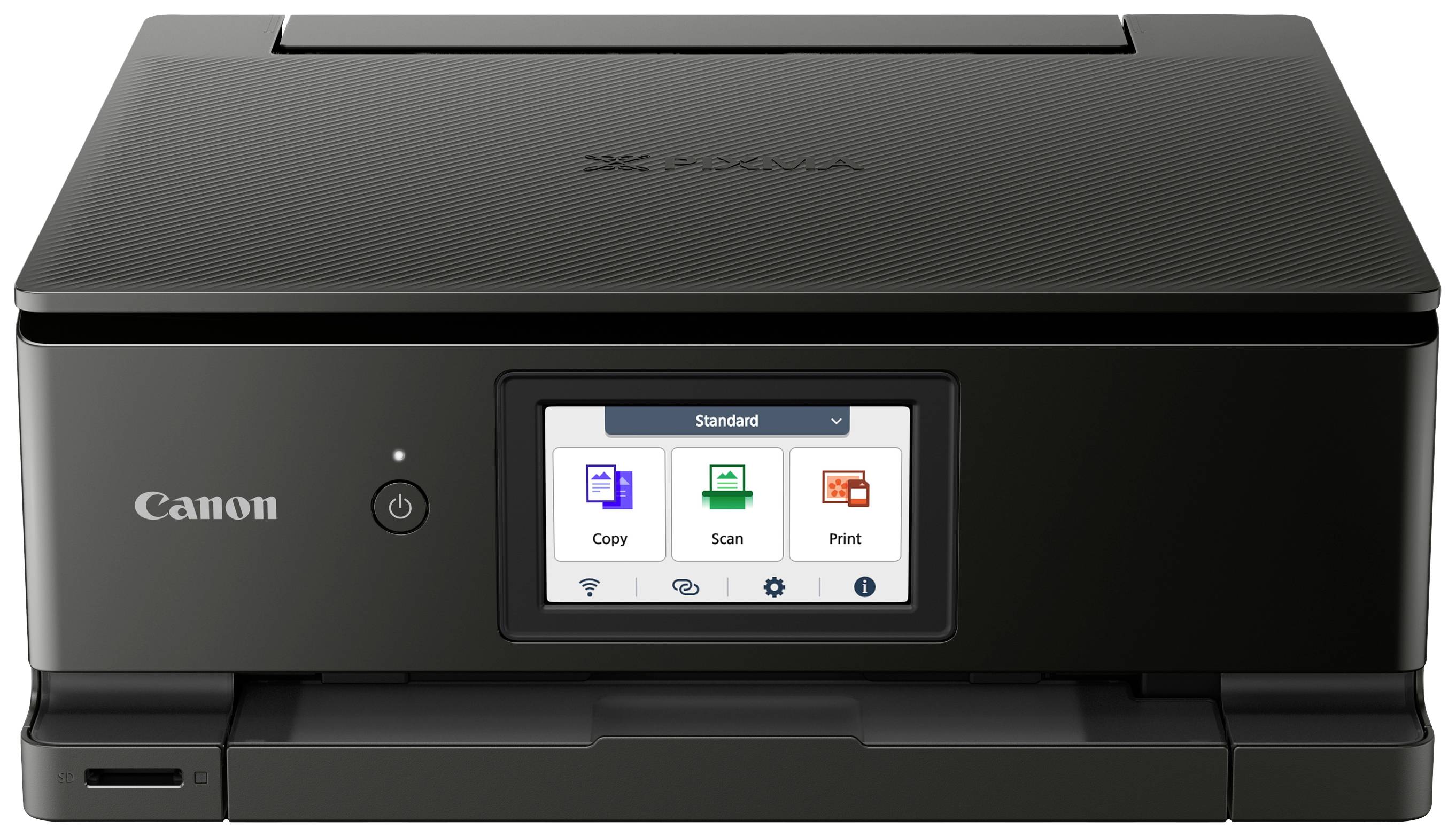 Imprimante jet d'encre noir avec écran tactile sur la façade, affichant des options pour copier, numériser et imprimer.