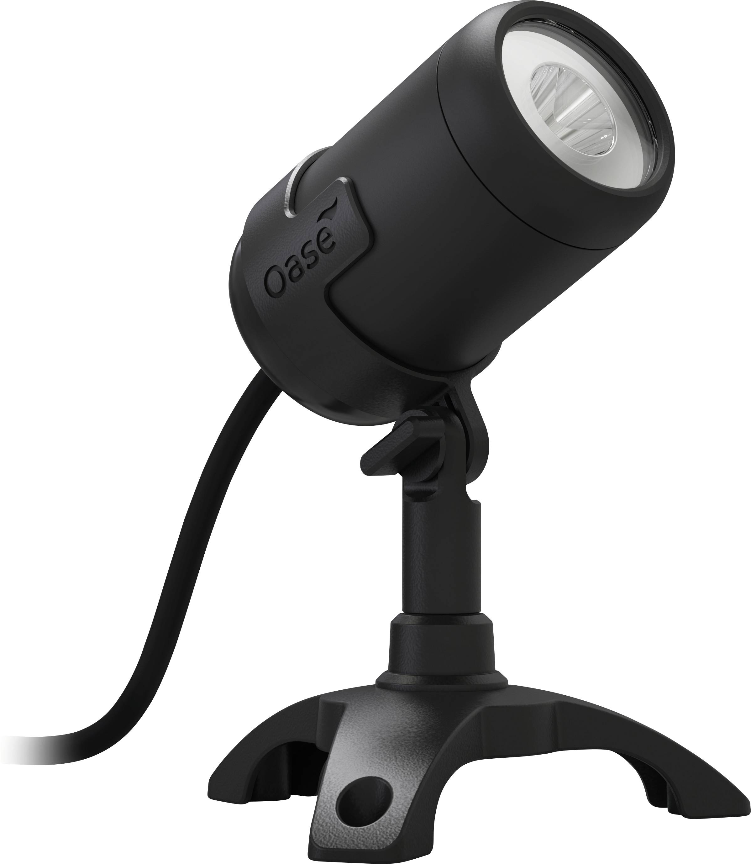 Un projecteur Oase noir sur un trépied avec un câble. La lumière est orientée vers le haut, adapté pour un éclairage extérieur ou de jardin.