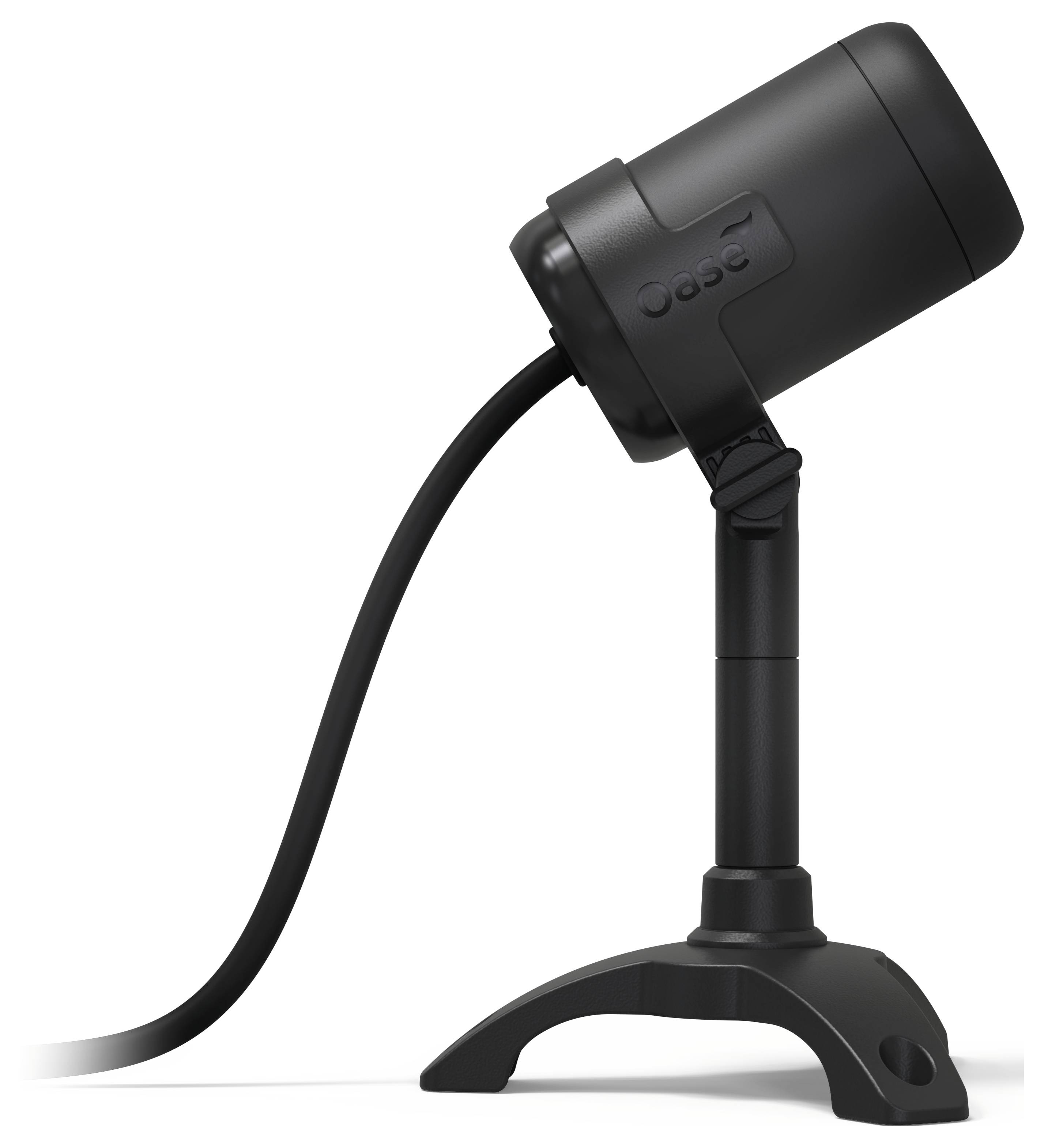 « Un microphone de bureau noir sur un support, avec un câble attaché, adapté à l'enregistrement et à la diffusion. »