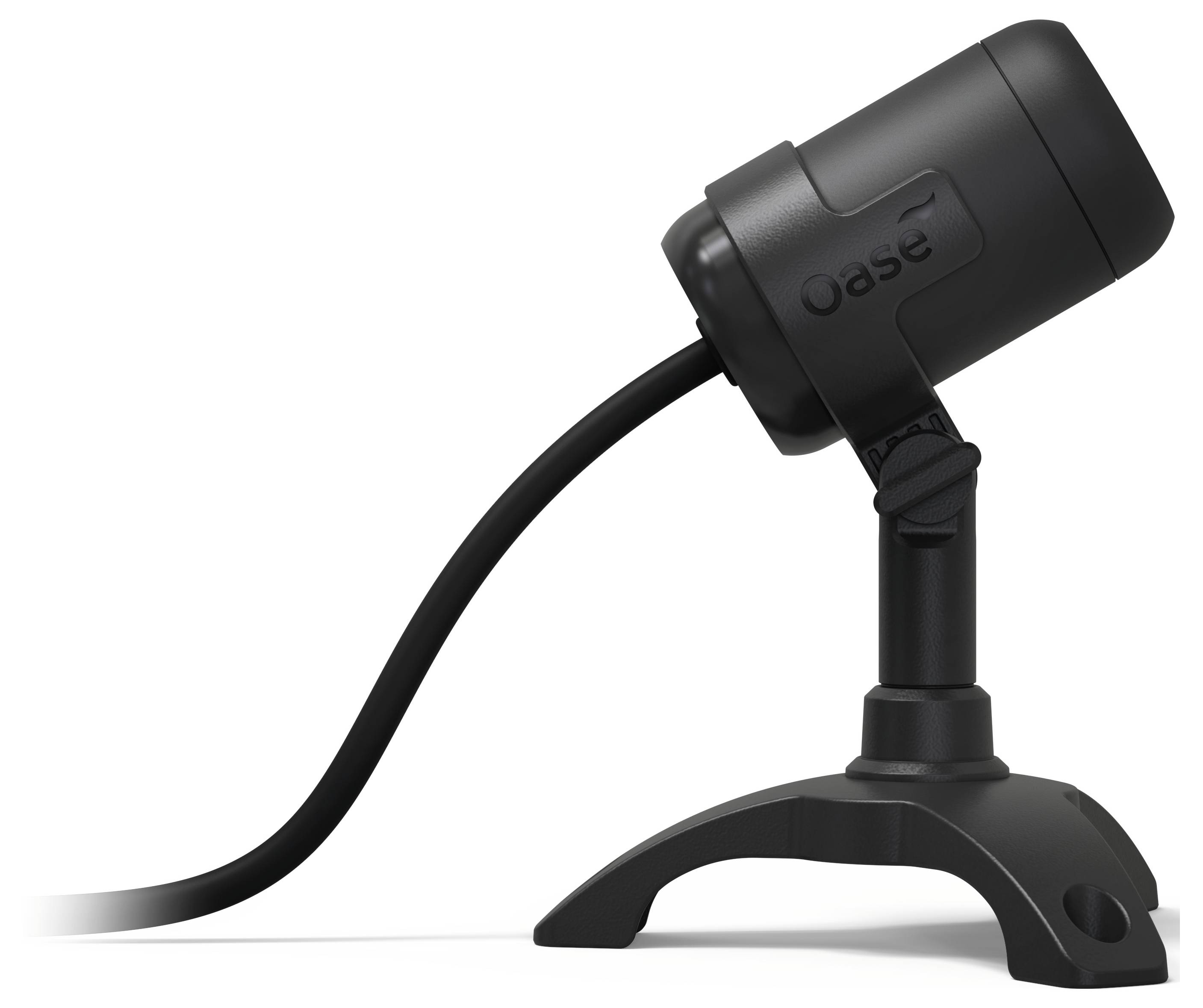 Un projecteur noir de marque 'Oase', monté sur un support réglable, avec un câble d'alimentation intégré.