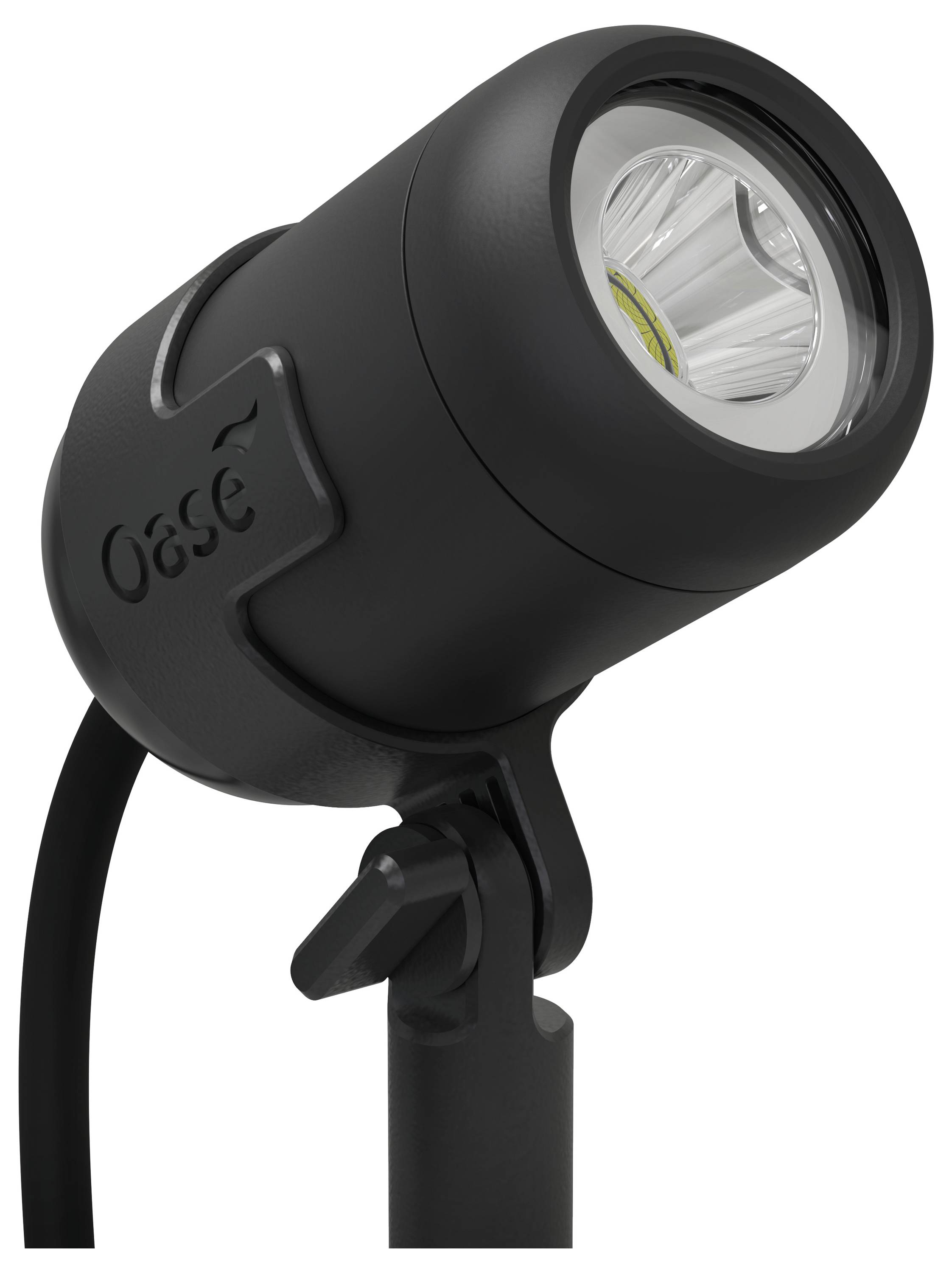Un projecteur extérieur noir au design cylindrique, monté sur un support pivotant. Le nom de la marque 'Oase' est visible sur le côté.