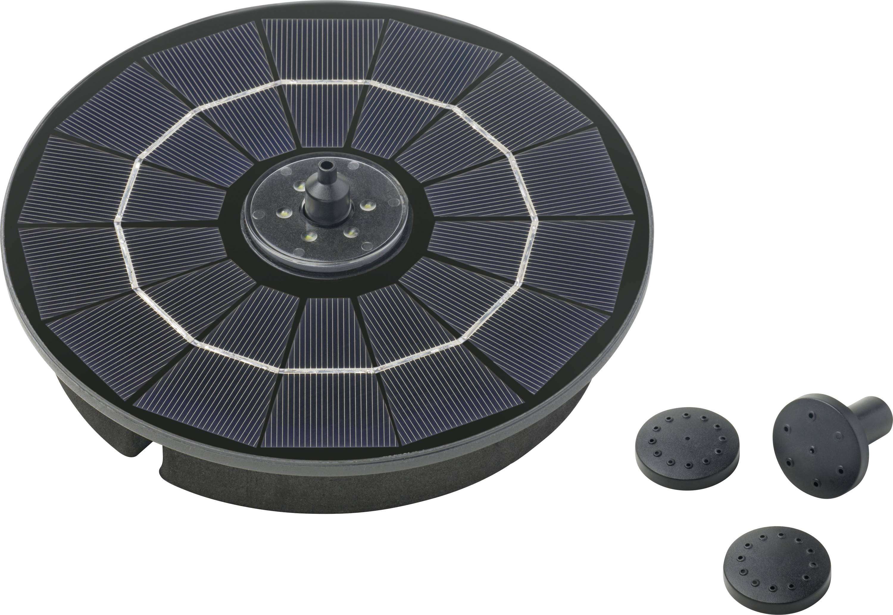 Pompe de fontaine solaire circulaire avec plusieurs buses pour des motifs d'eau variés.