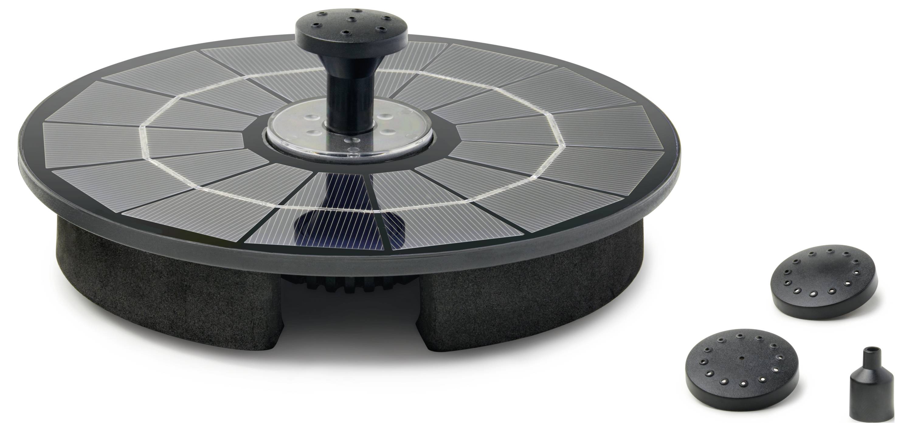 Pompe de fontaine à eau solaire avec panneaux solaires circulaires, buse principale et deux buses alternatives pour différents types de jets.