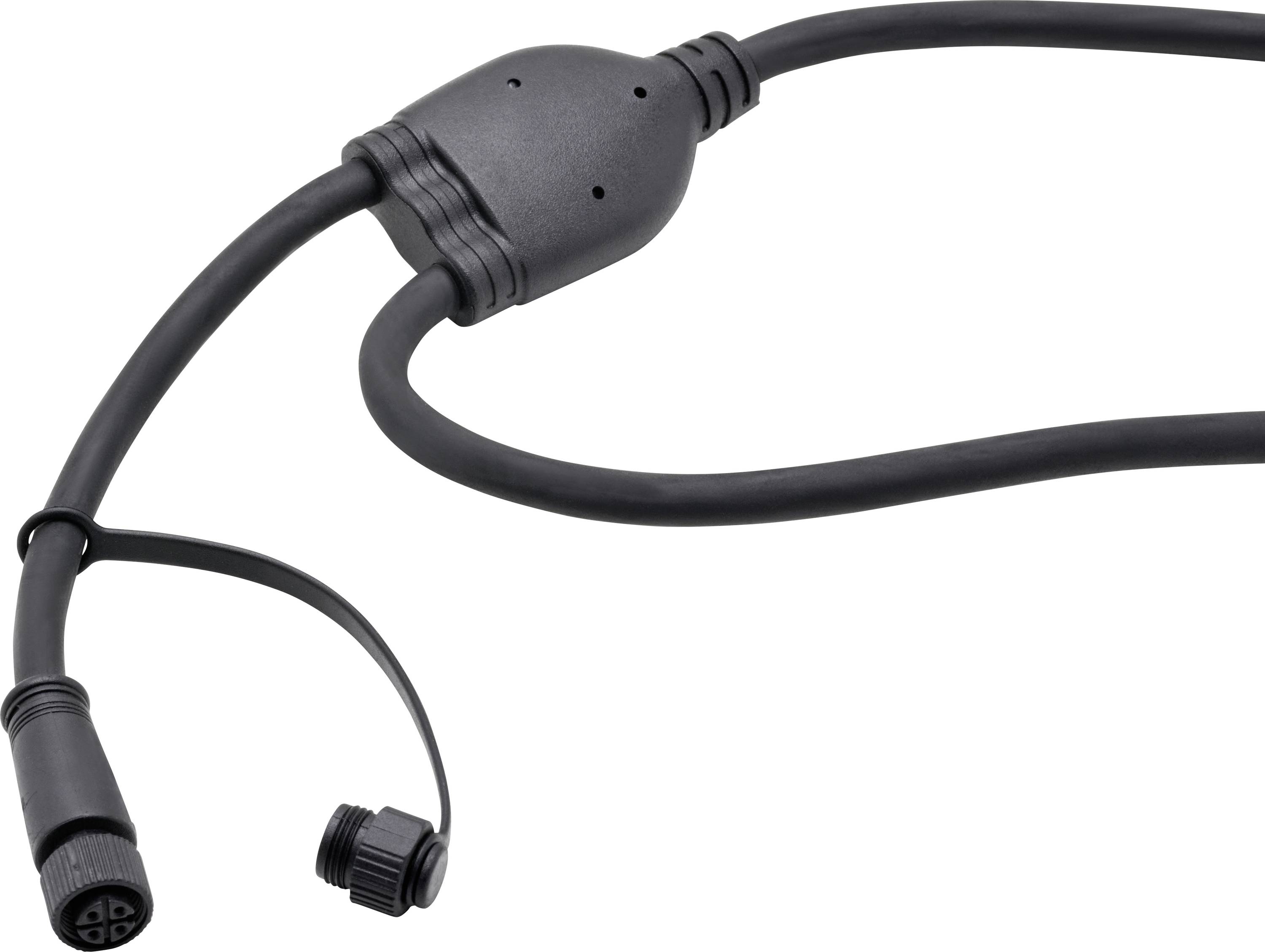 Un câble d'alimentation noir avec des connecteurs à chaque extrémité est posé sur une surface blanche. Un bouchon de connecteur est retiré, révélant la prise interne.